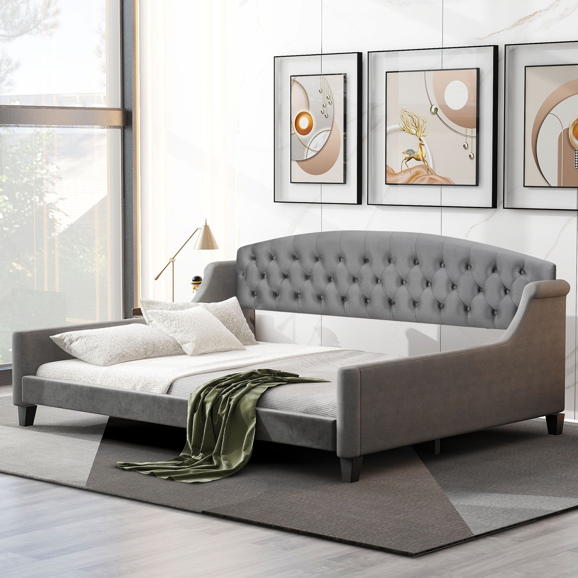 Full Size Tufted Button Daybed With Wood Frame No Box Spring Needed
