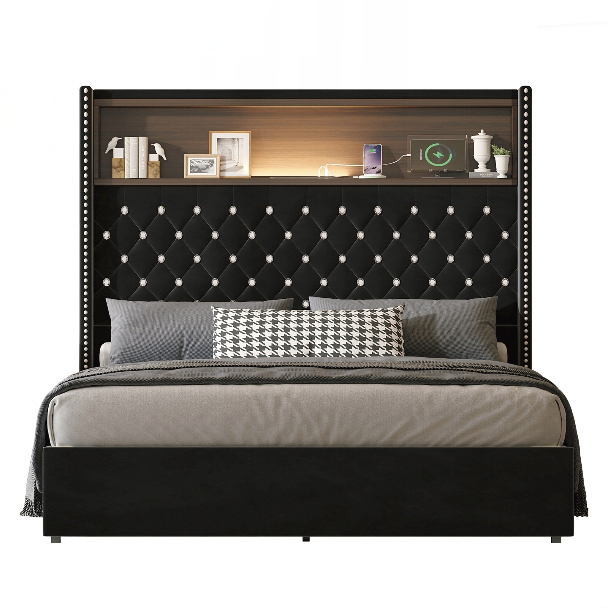 Full Size Tufted Soft Bed Frame With Usb Port And Night Light