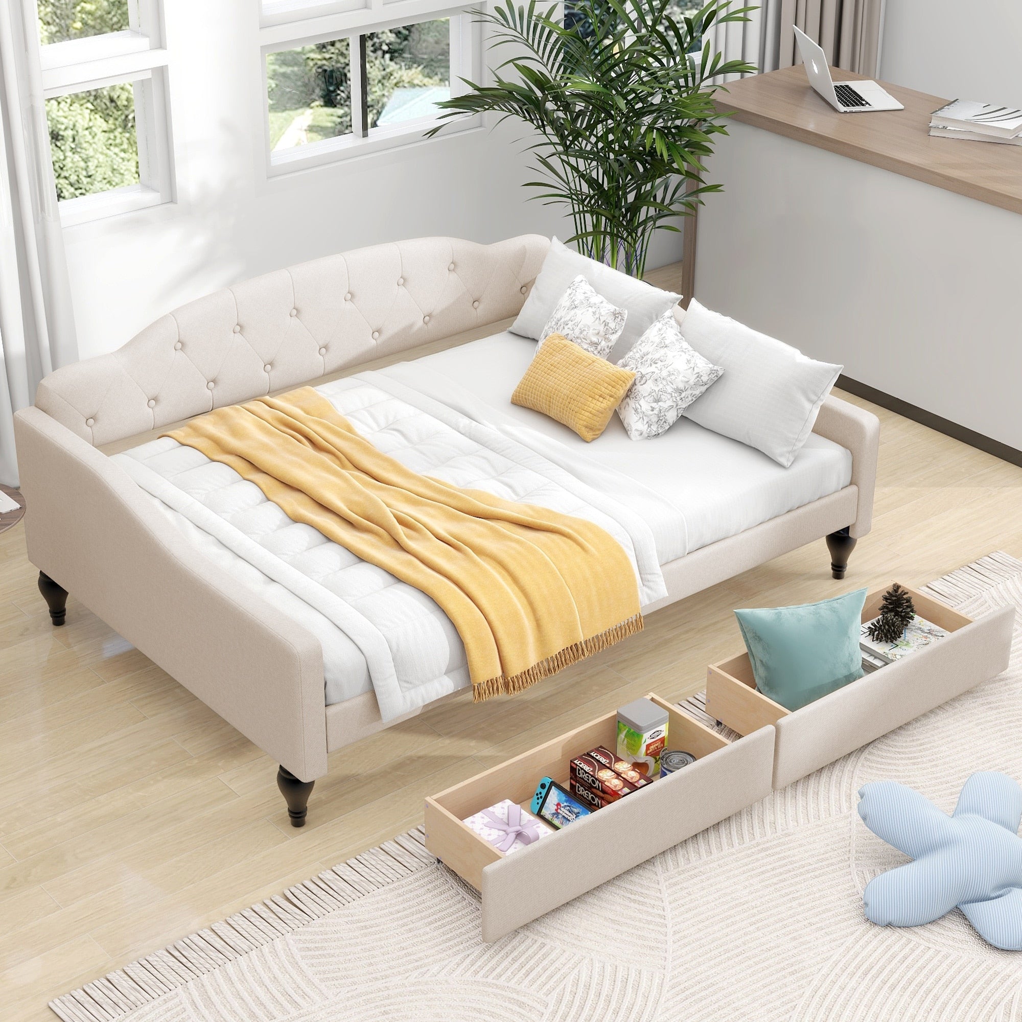 Full Size Upholstered Daybed Platform Bed Frame With Drawers