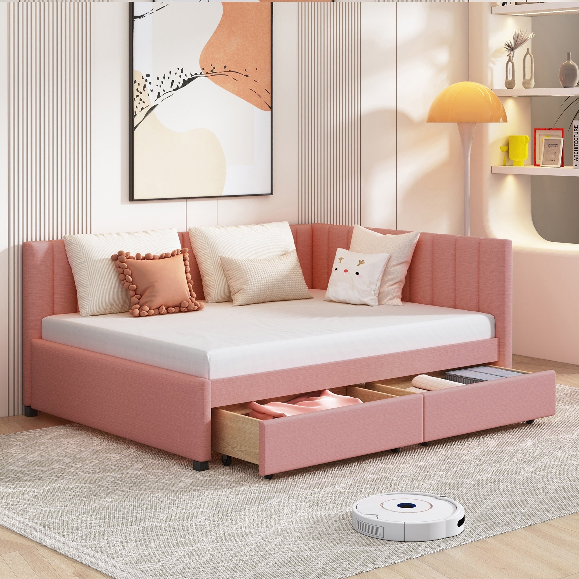 Full Size Upholstered Daybed With 2 Storage Drawers No Box Spring