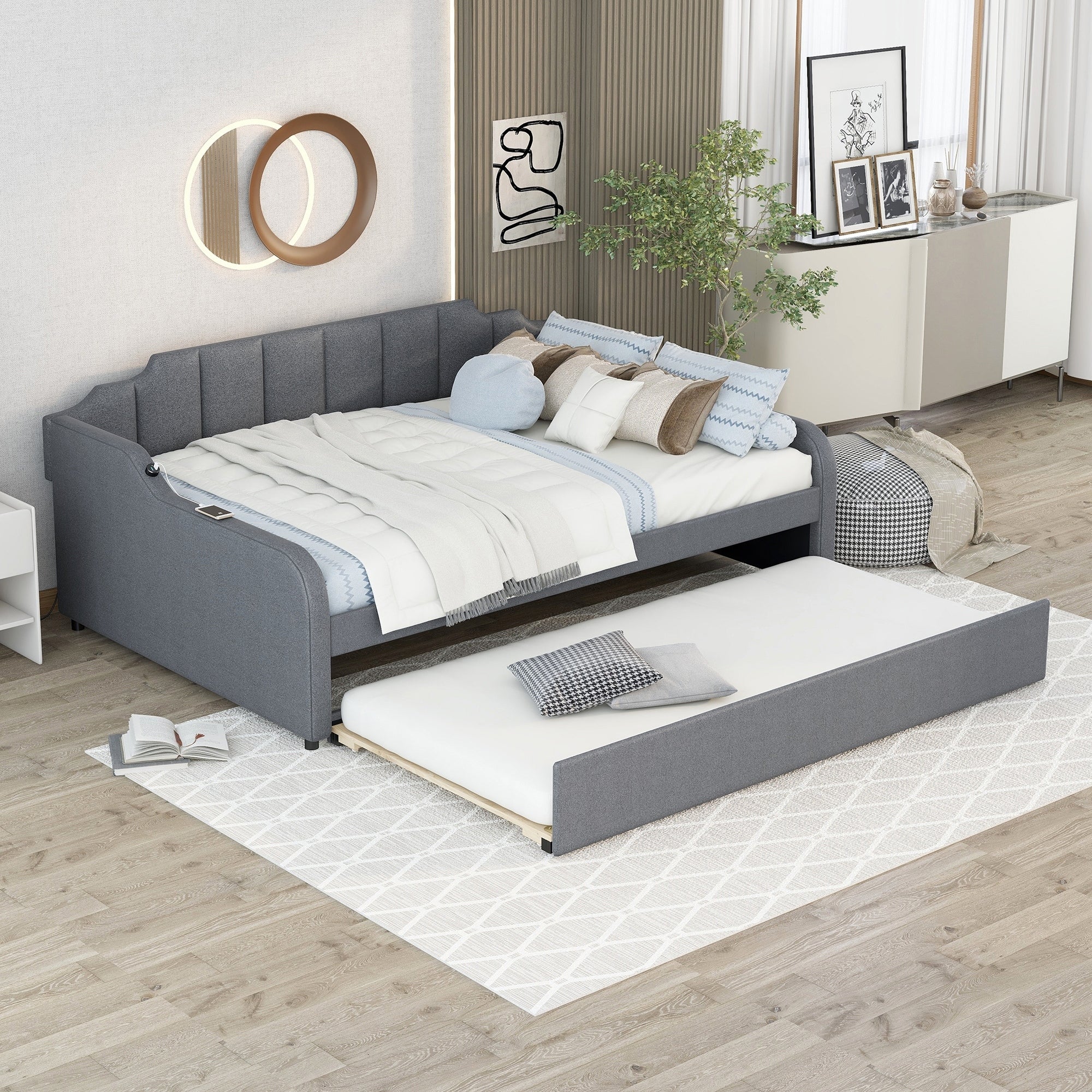 Full Size Upholstered Daybed With Trundle Bed Usb Charging Port