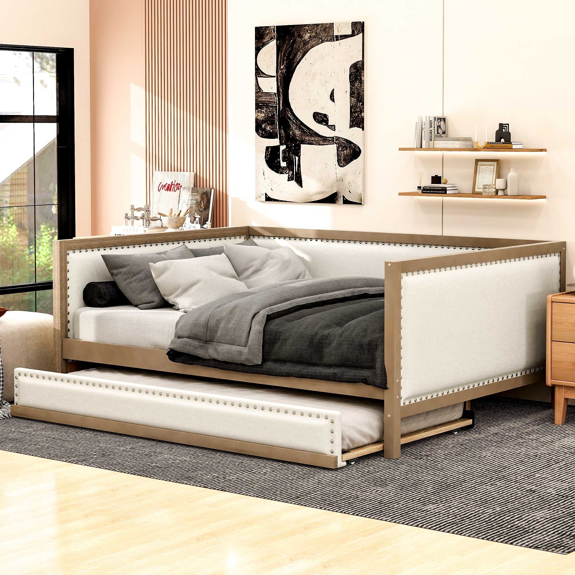 Full Size Upholstered Daybed With Trundle And Nailhead Decoration