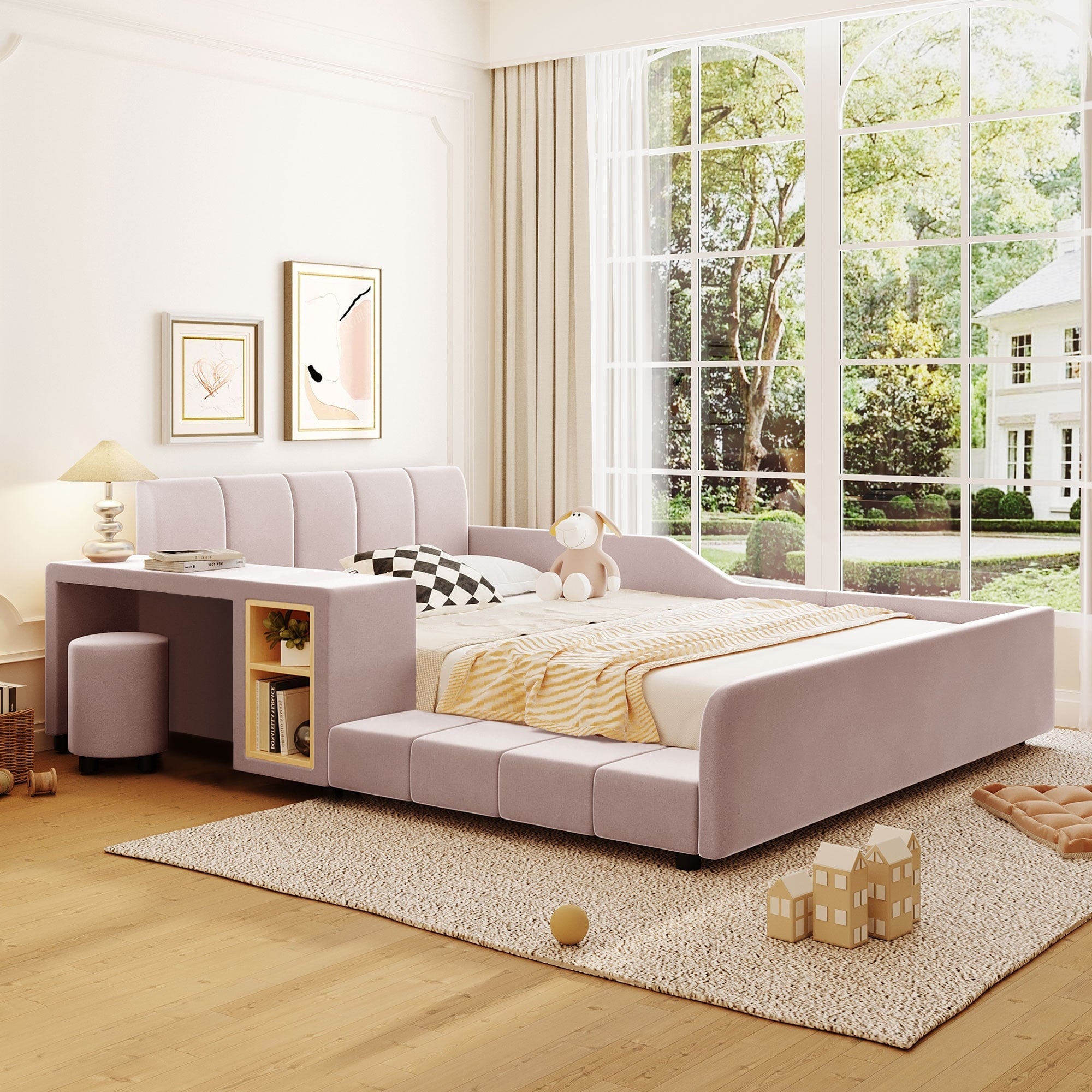 Full Size Upholstered Grounded Bed Mother Child Bed With Bedside Desk And Little Round Stool