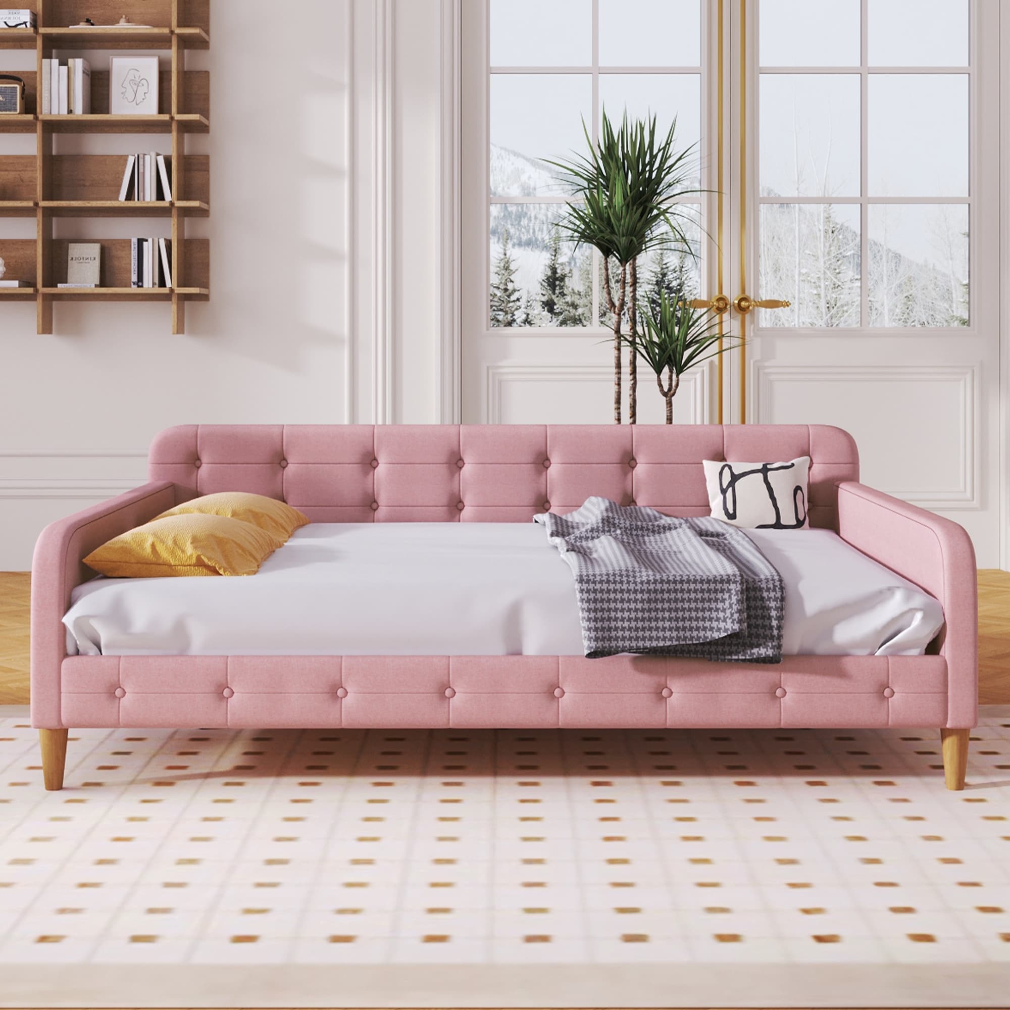 Full Size Upholstered Platform Bed Frame Daybed With Support Legs
