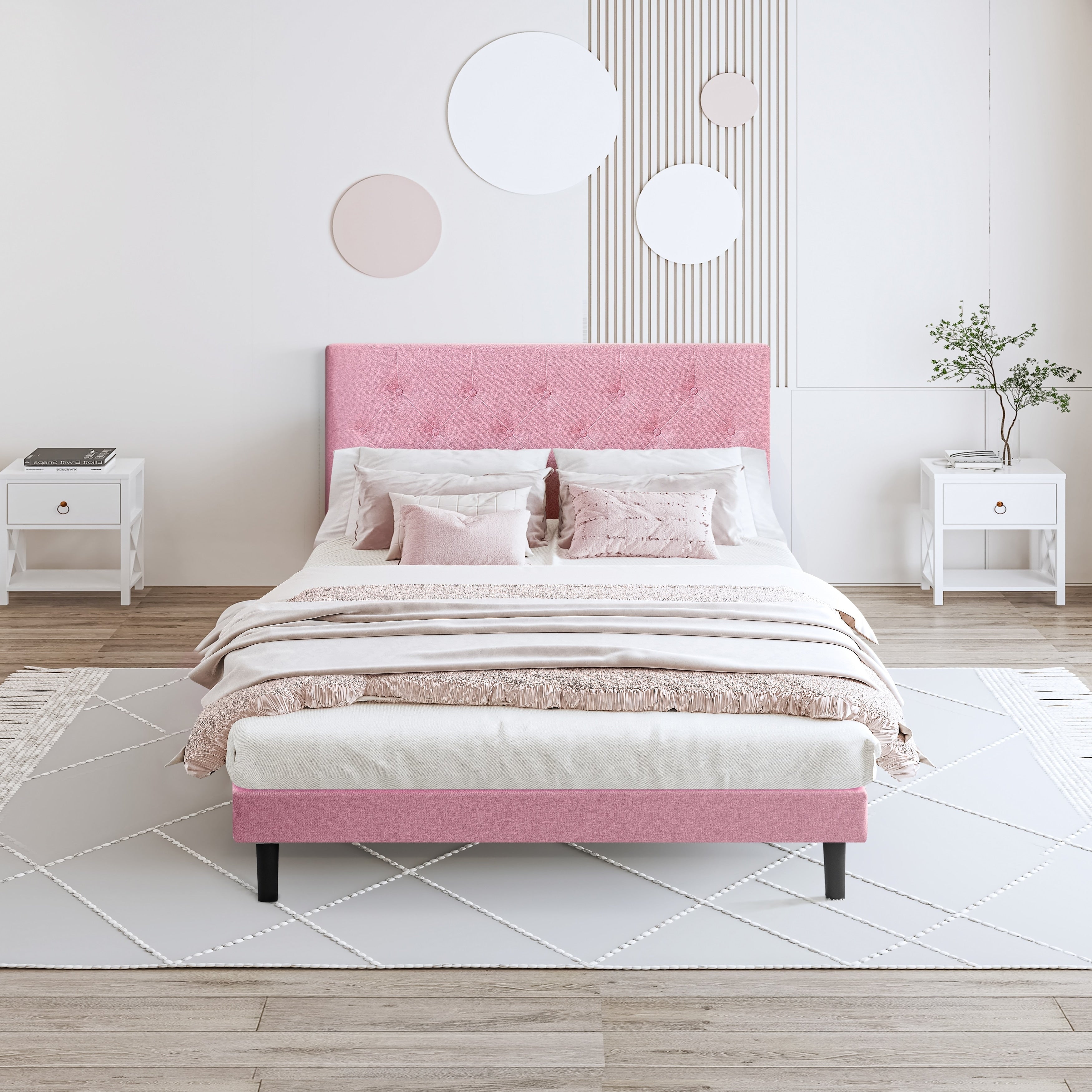Full Size Upholstered Platform Bed Frame With Button Tufted Linen Fabric Headboard No Box Spring Needed Wood Slat Support
