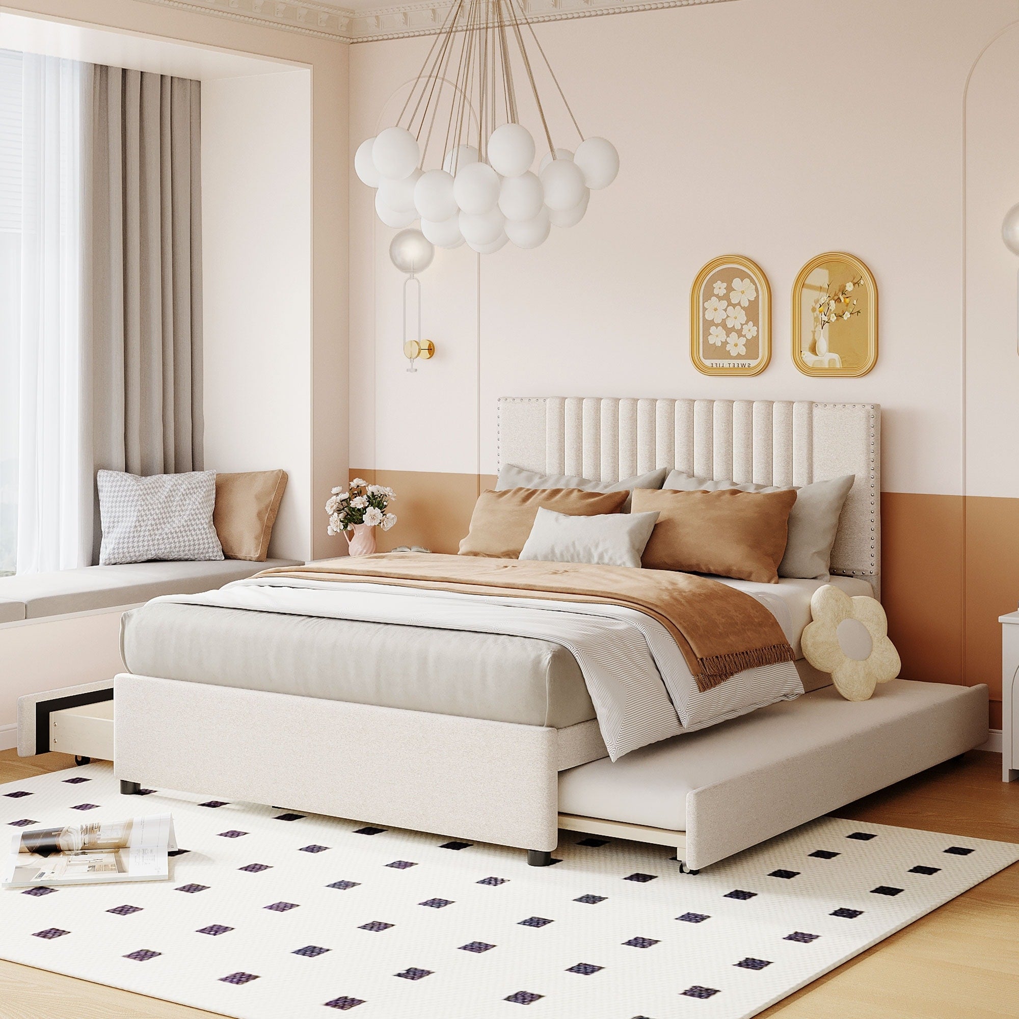 Full Size Upholstered Platform Bed With 2 Drawers And 1 Twin Size Trundle Classic Headboard Design Beige