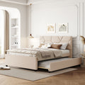 Full Size Upholstered Platform Bed With Brick Pattern Headboard And Twin Size Trundle Linen Fabric Beige