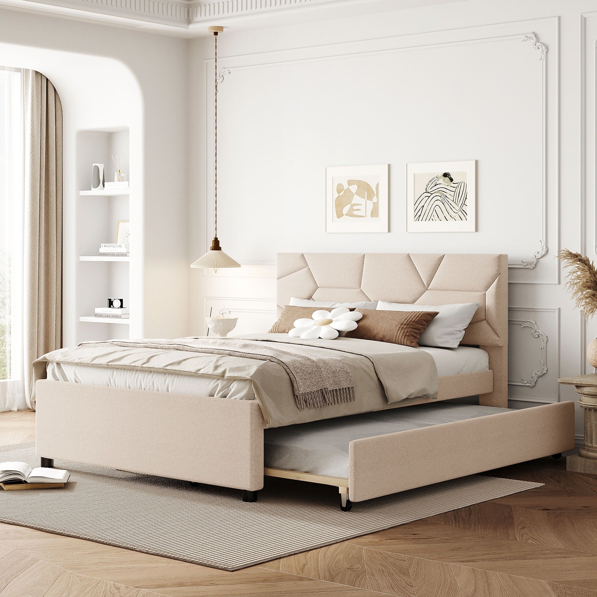 Full Size Upholstered Platform Bed With Brick Pattern Headboard And Twin Size Trundle Linen Fabric Beige