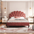 Full Size Upholstered Platform Bed With Flower Pattern Velvet Headboard Bean Paste Red