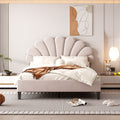 Full Size Upholstered Platform Bed With Flower Pattern Velvet Headboard Beige