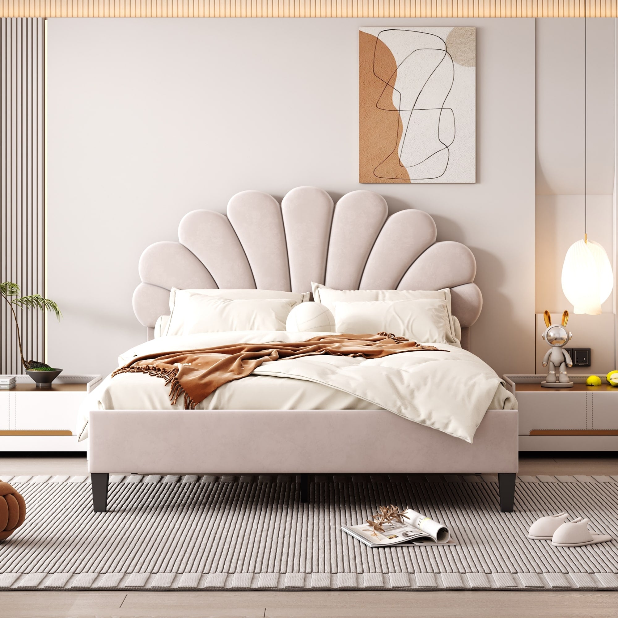 Full Size Upholstered Platform Bed With Flower Pattern Velvet Headboard Beige