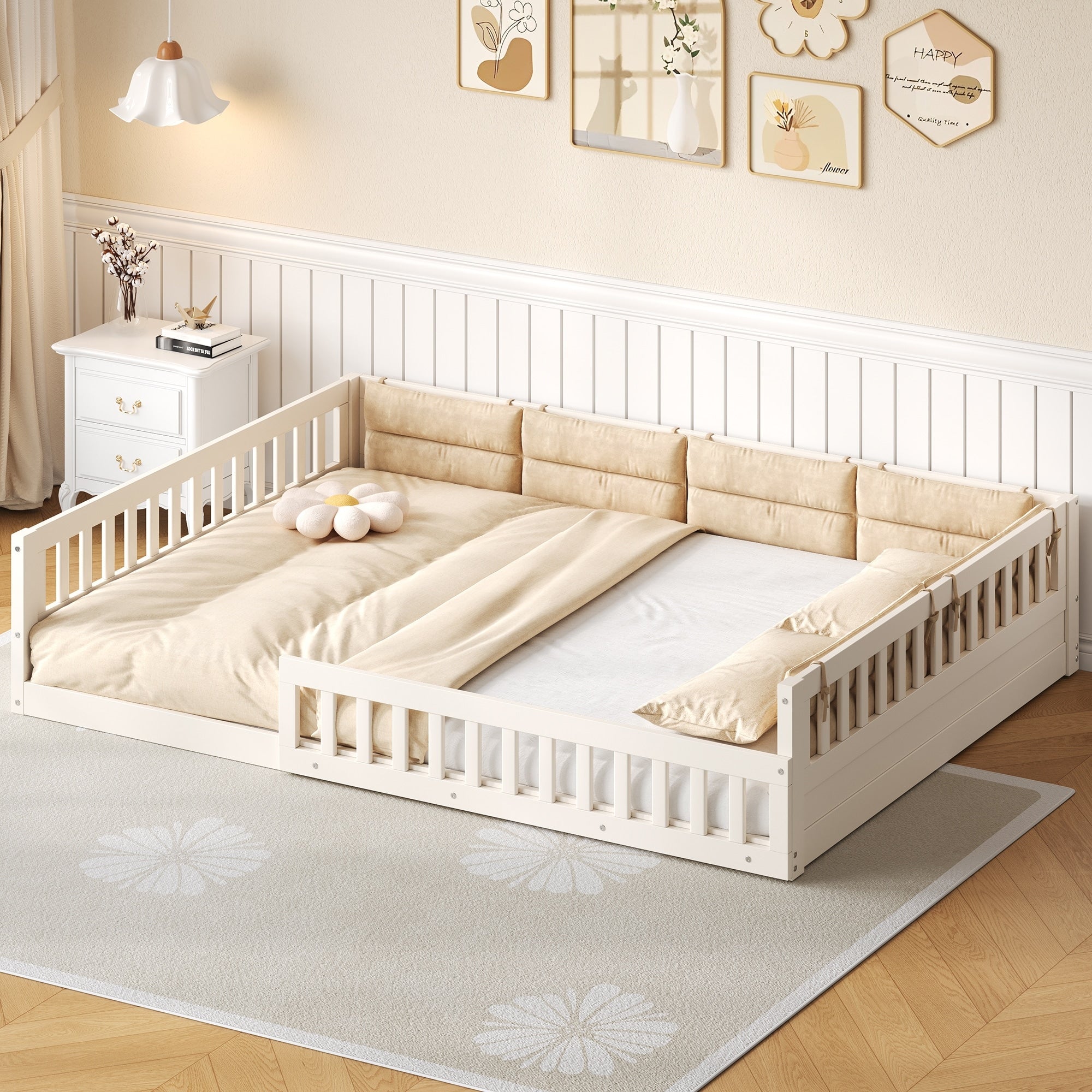 Full Size Upholstered Platform Bed With Guardrail Pillow No Box Spring