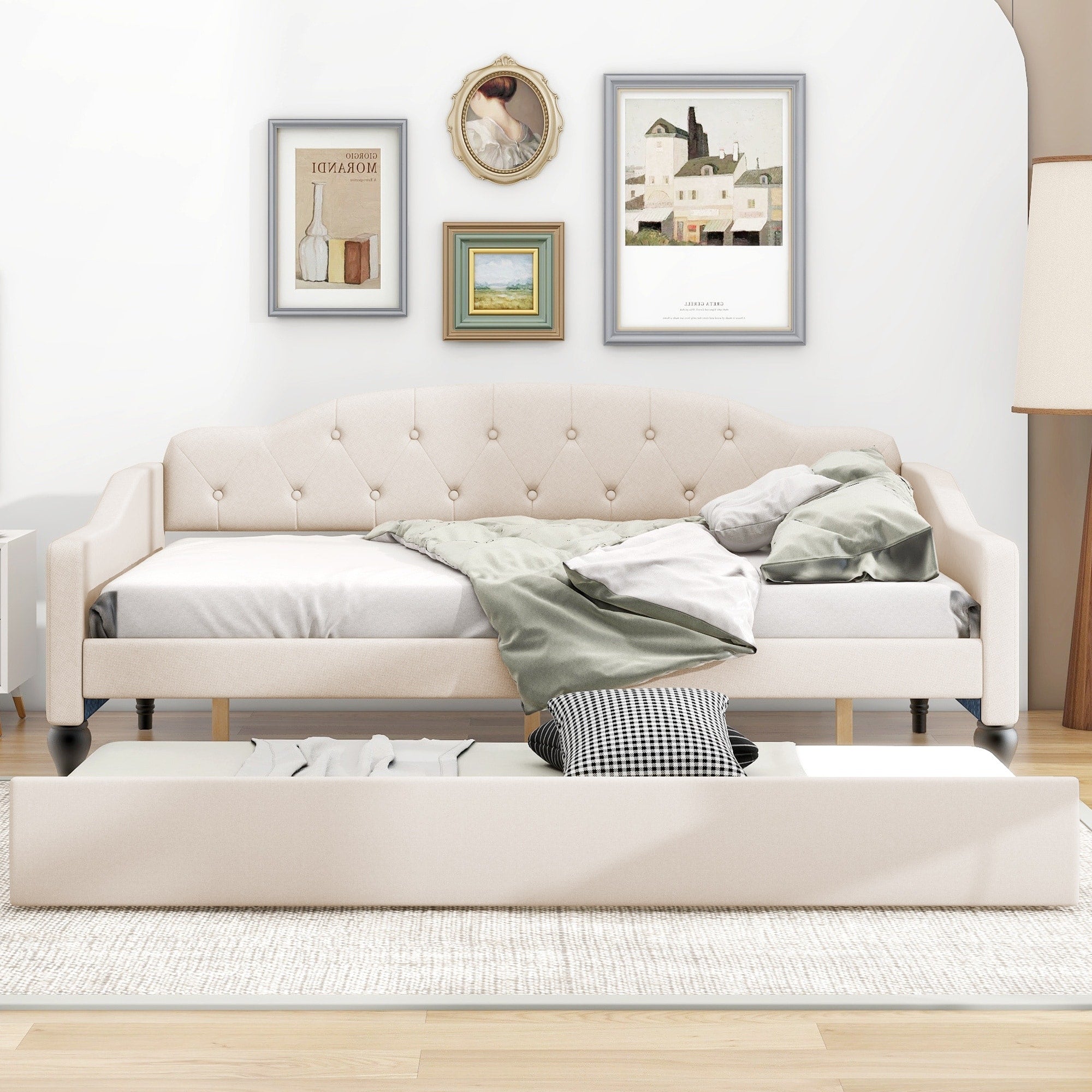 Full Size Upholstered Tufted Daybed With Twin Size Trundle