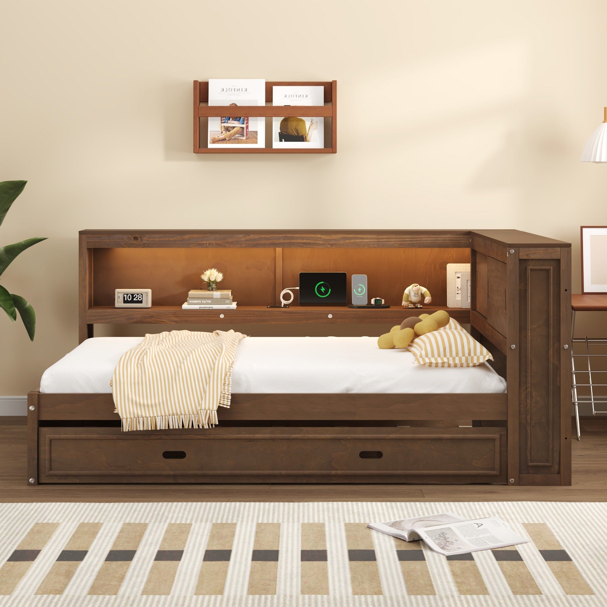 Full Size Wood Daybed With Storage Shelves Usb Led And Trundle