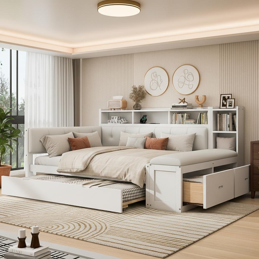 Full Size Wood Daybed With Trundle Padded Bench Charging Station And Upholstered Headboard By Harper Bright Designs