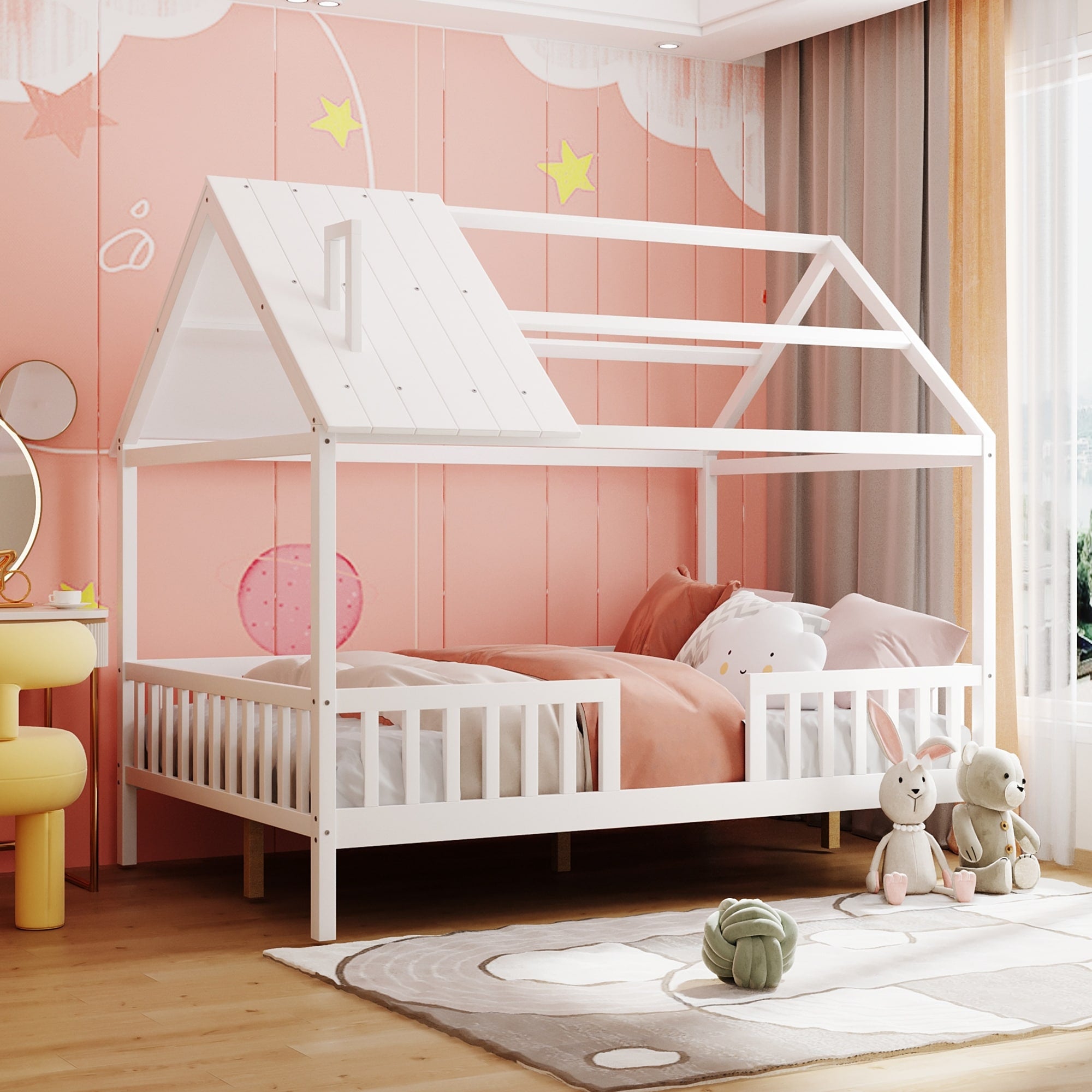 Full Size Wood House Bed With Roof And Fence For Kids
