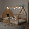 Full Size Wood House Bed With Window Fence Led Light