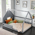 Full Size Wood House Bed With Window Fence And Led Lights Rustic Kids Floor Bed Frame