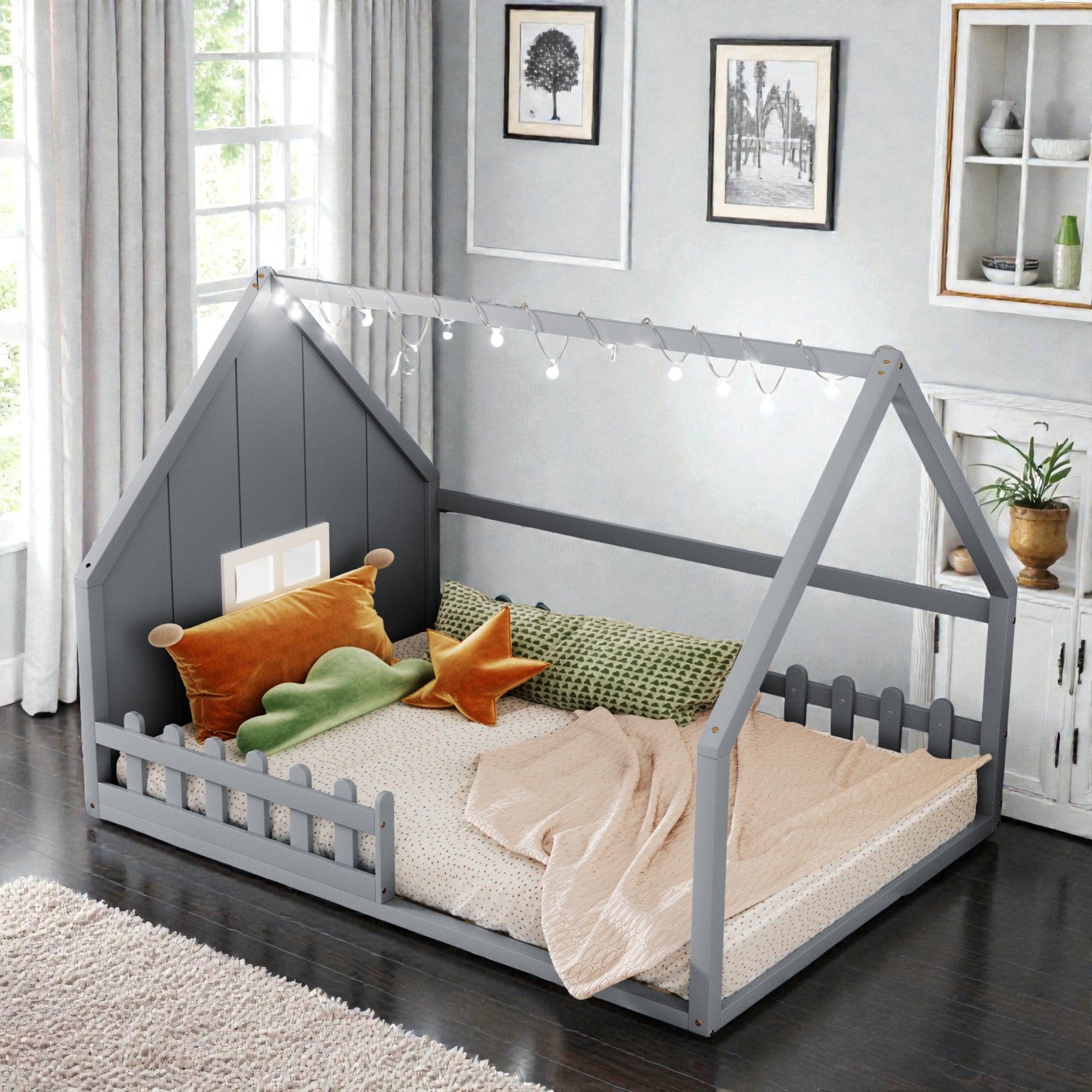 Full Size Wood House Bed With Window Fence And Led Lights Rustic Kids Floor Bed Frame