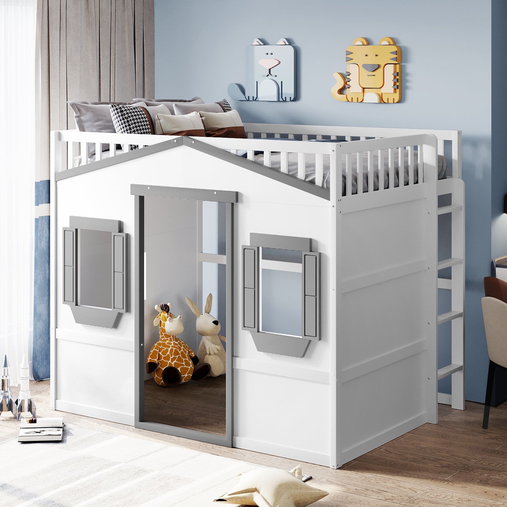 Full Size Wood House Loft Bed With Ladder Guardrails