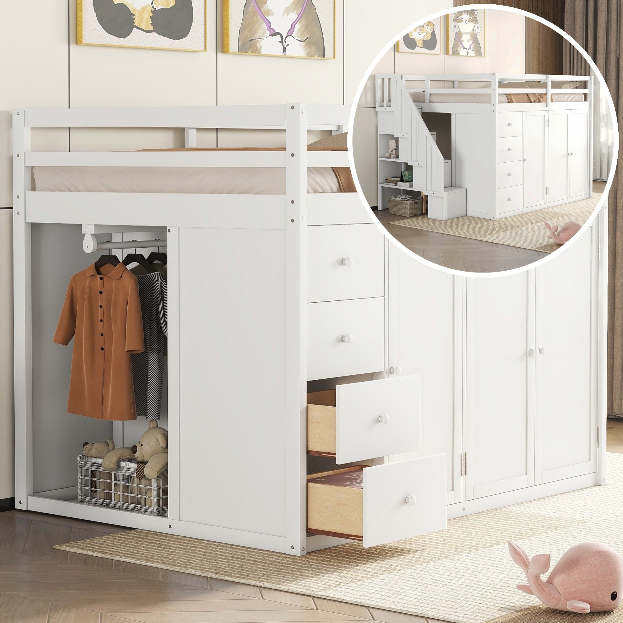 Full Size Wood Loft Bed With Built In Wardrobes Cabinets Drawers