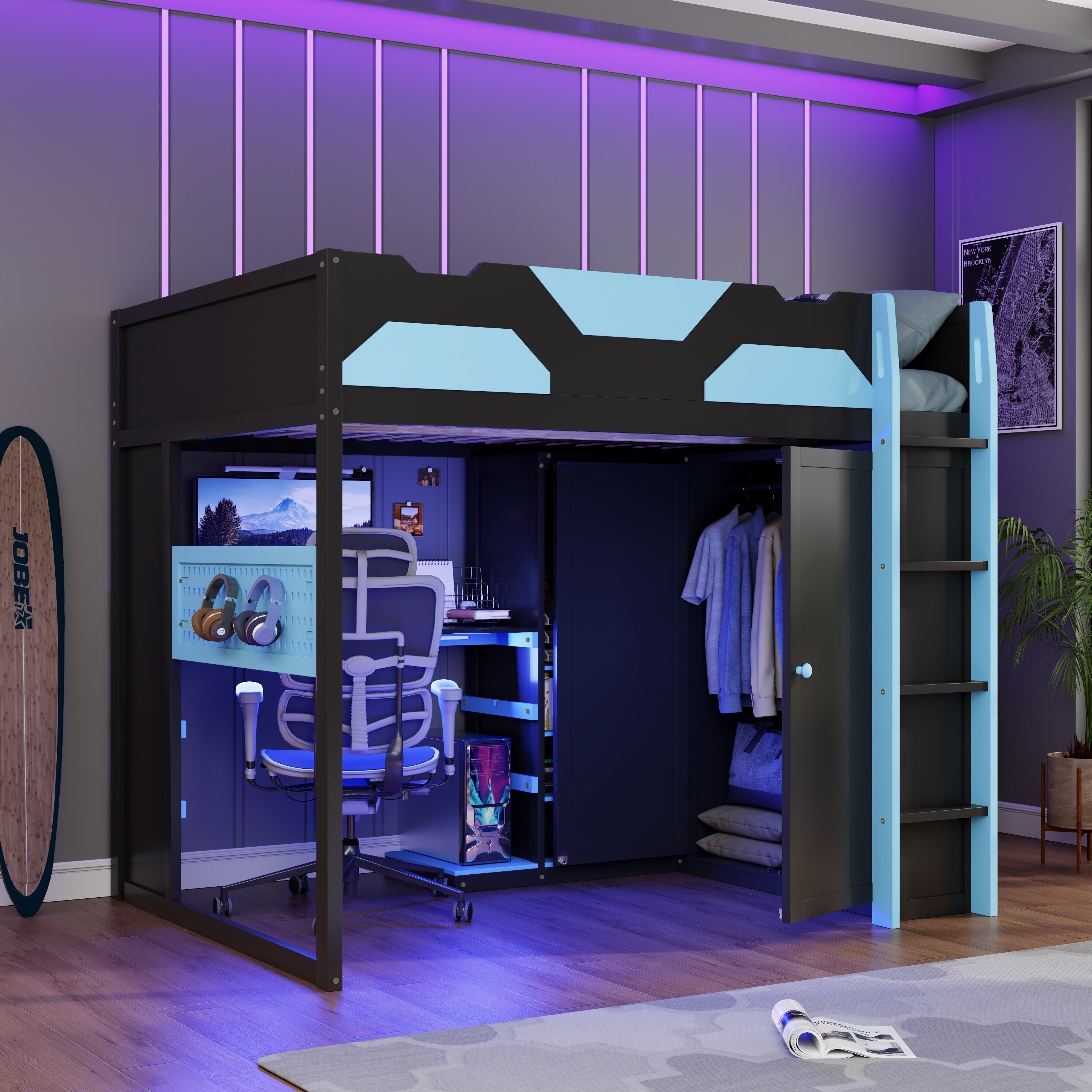 Full Size Wood Loft Bed With Desk Multi Storage Shelves Usb Rgb Light Study Loft Bed