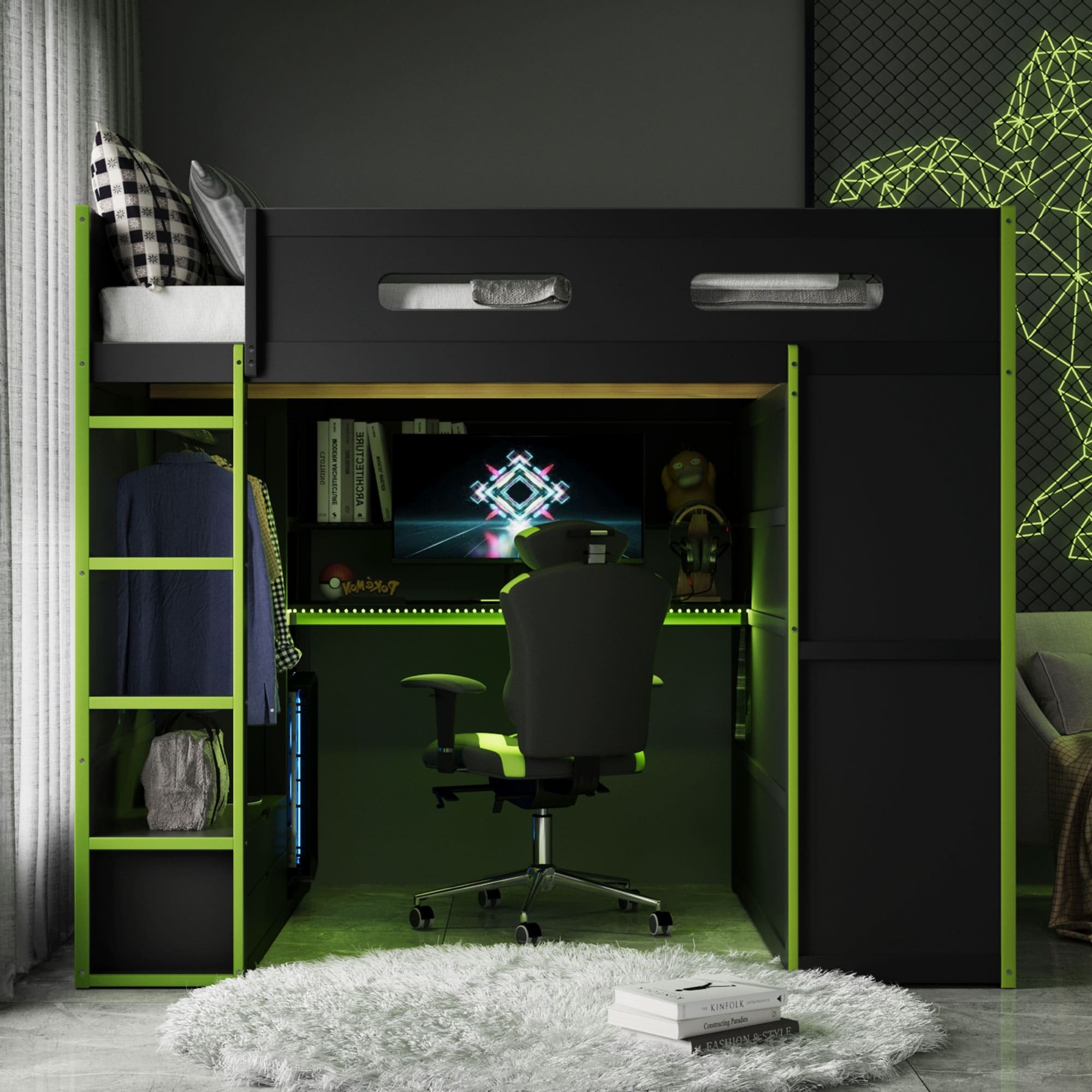 Full Size Wood Loft Bed With Desk Wardrobe Ample Storage And Rgb Light