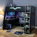 Full Size Wood Loft Bed With Desk Rgb Led Light Storage Shelves Gaming Loft Bed Frame With Workstation