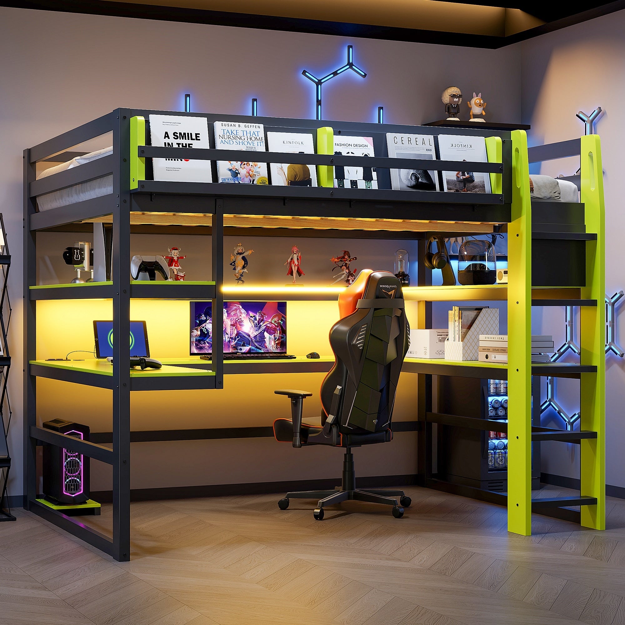 Full Size Wood Loft Bed With Integrated Desk Multi Storage Shelves And Rgb Led Lights