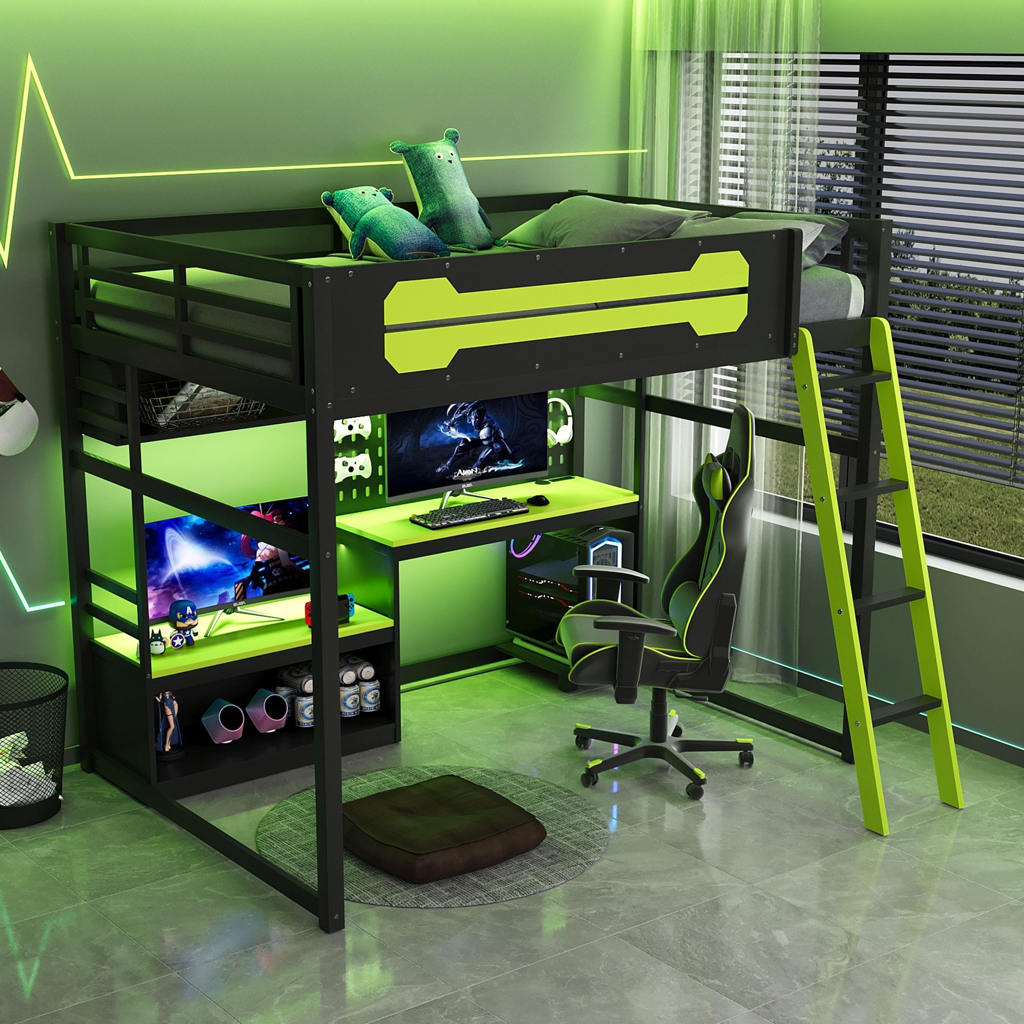 Full Size Wood Loft Bed With Storage Desk Shelves And Led Lights