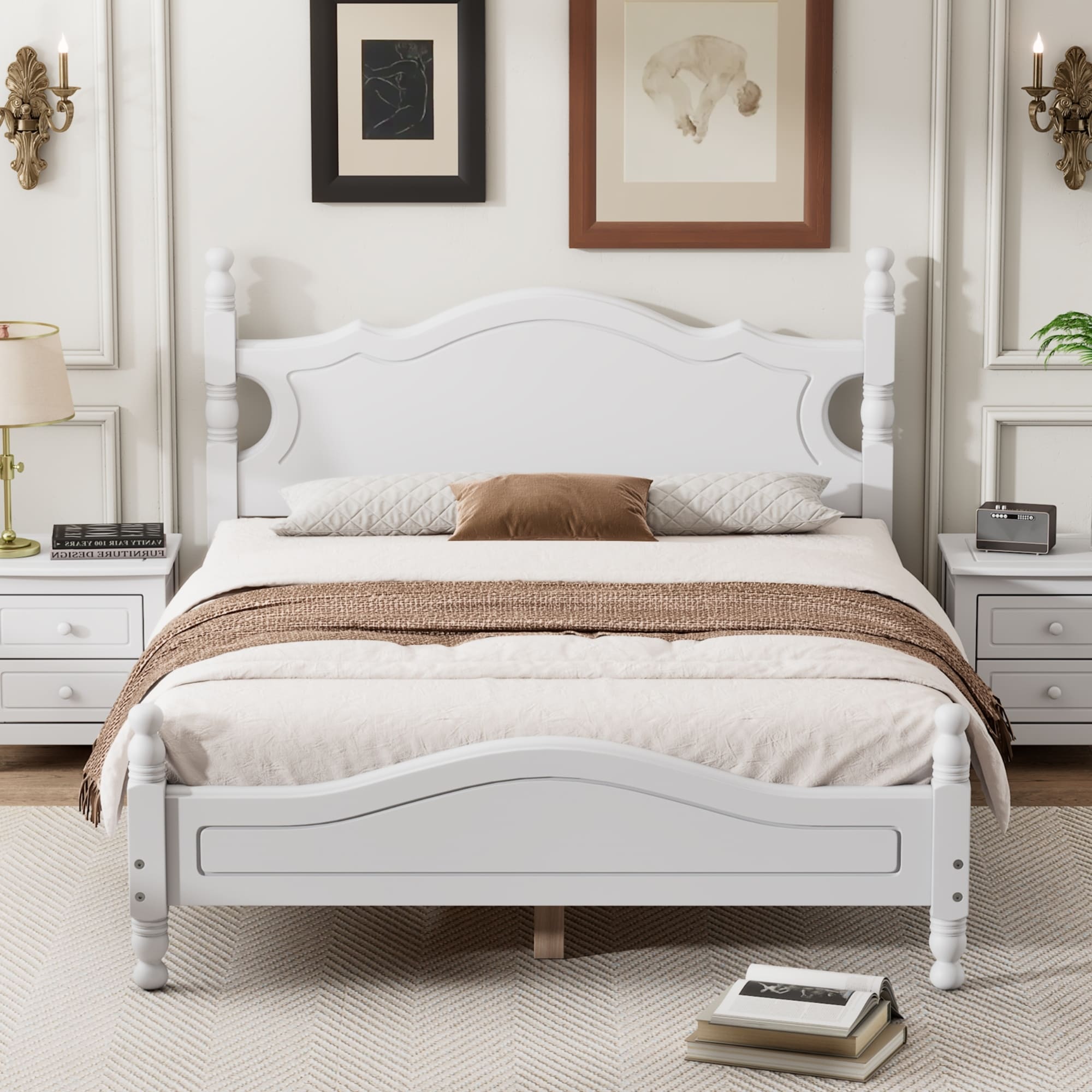 Full Size Wood Platform Bed Frame Retro Style Platform Bed With Wooden Slat Support Black