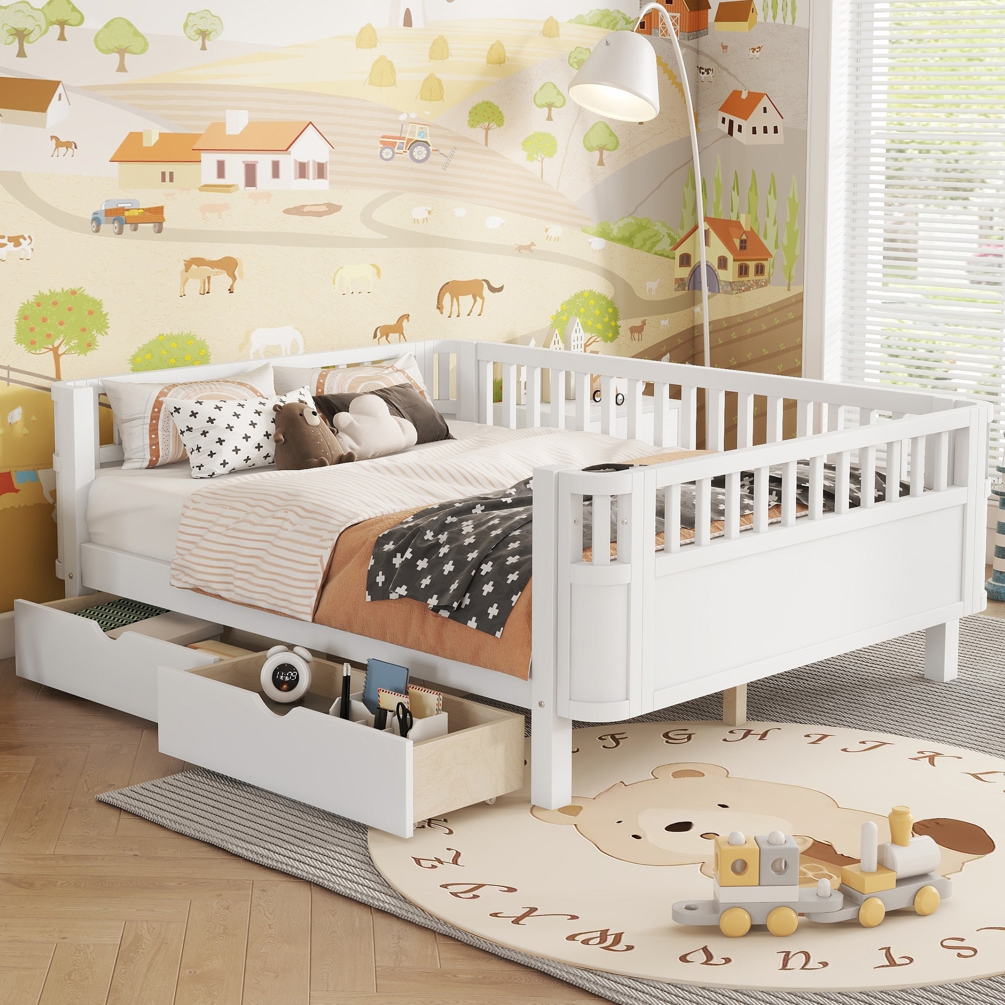 Full Size Wood Platform Bed For Kids Wood Low Profile Full Bed With Rails For Girls And Boys White