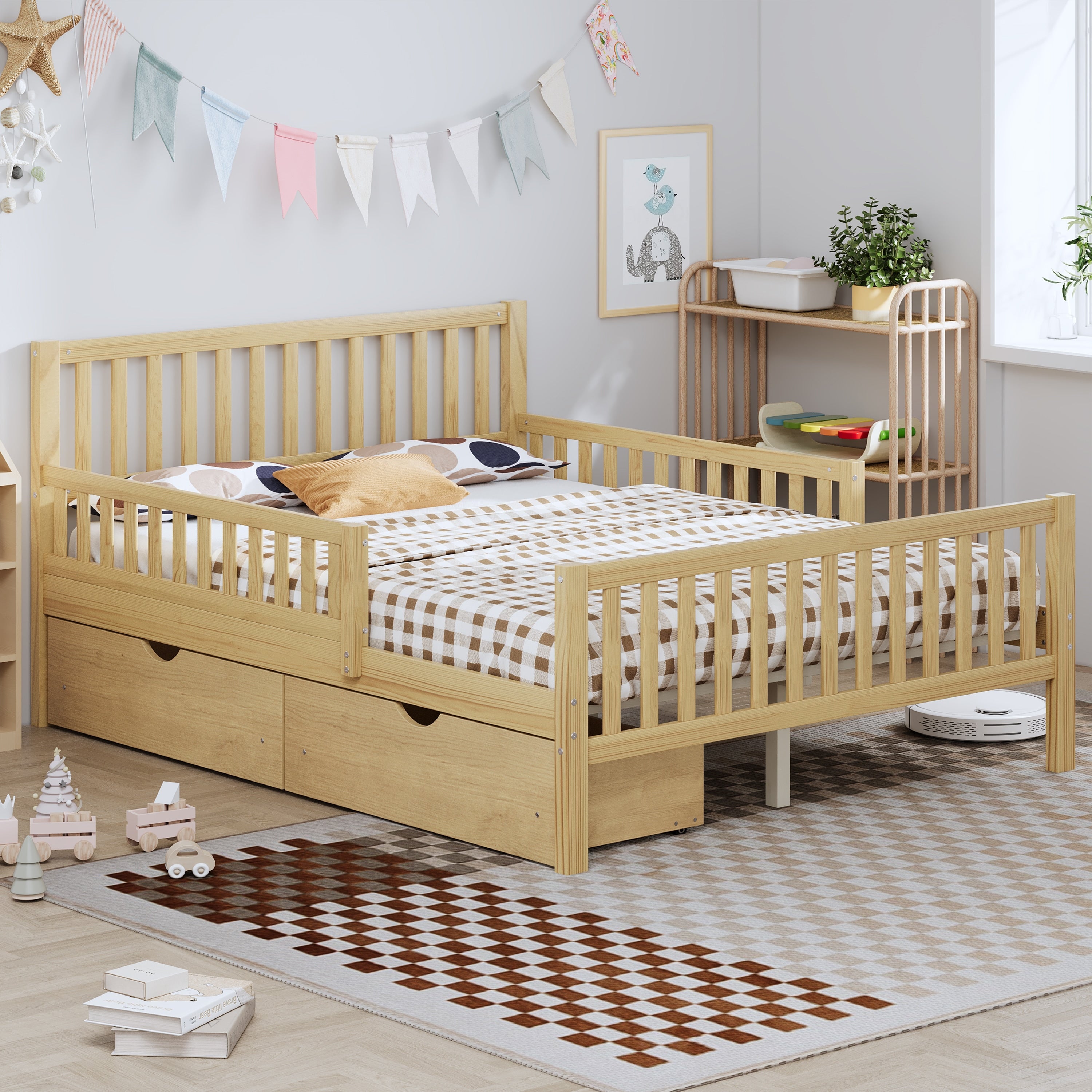 Full Size Wood Platform Bed With Guardrails Storage Drawers