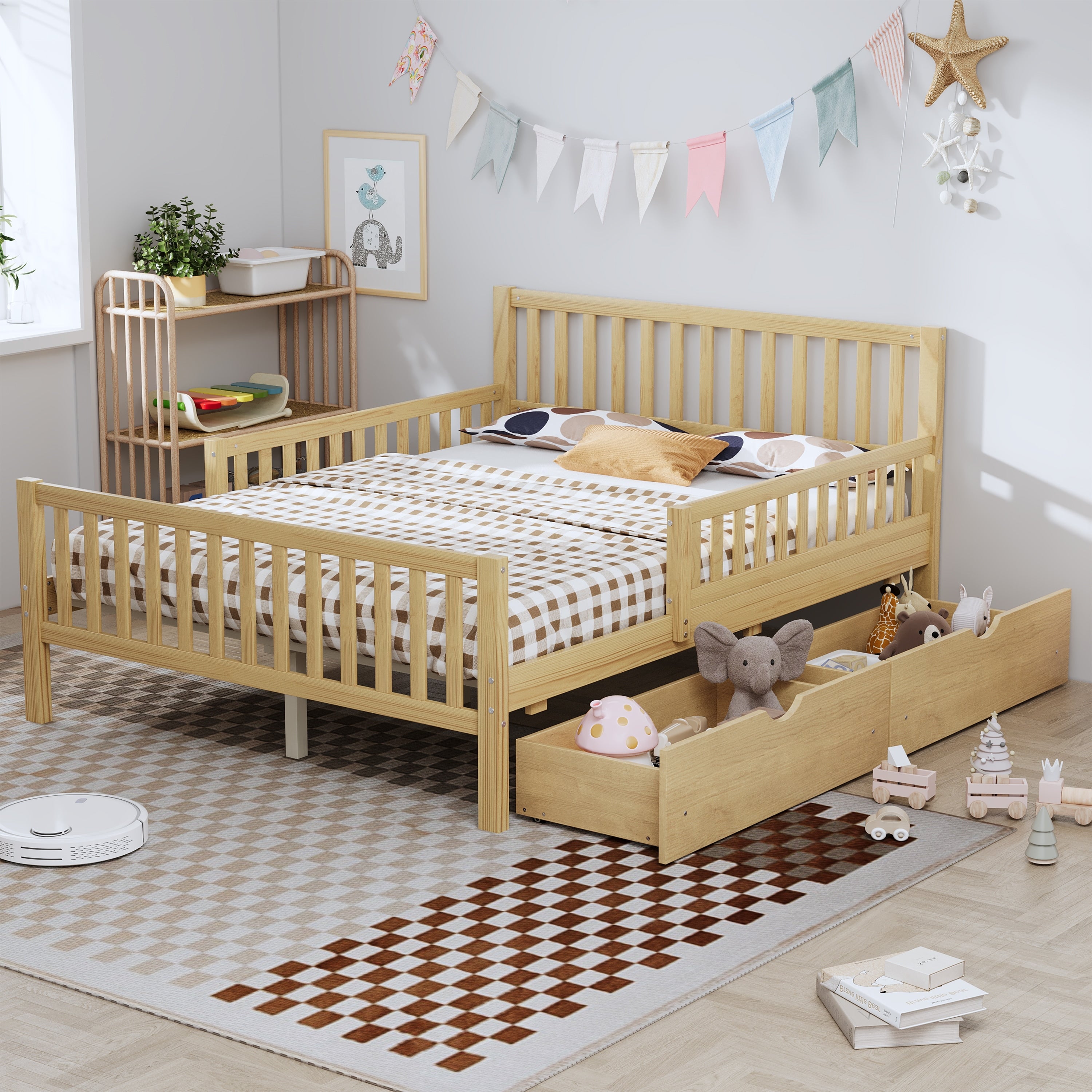 Full Size Wood Platform Bed With Guardrails On Both Sides And Two Storage Drawers