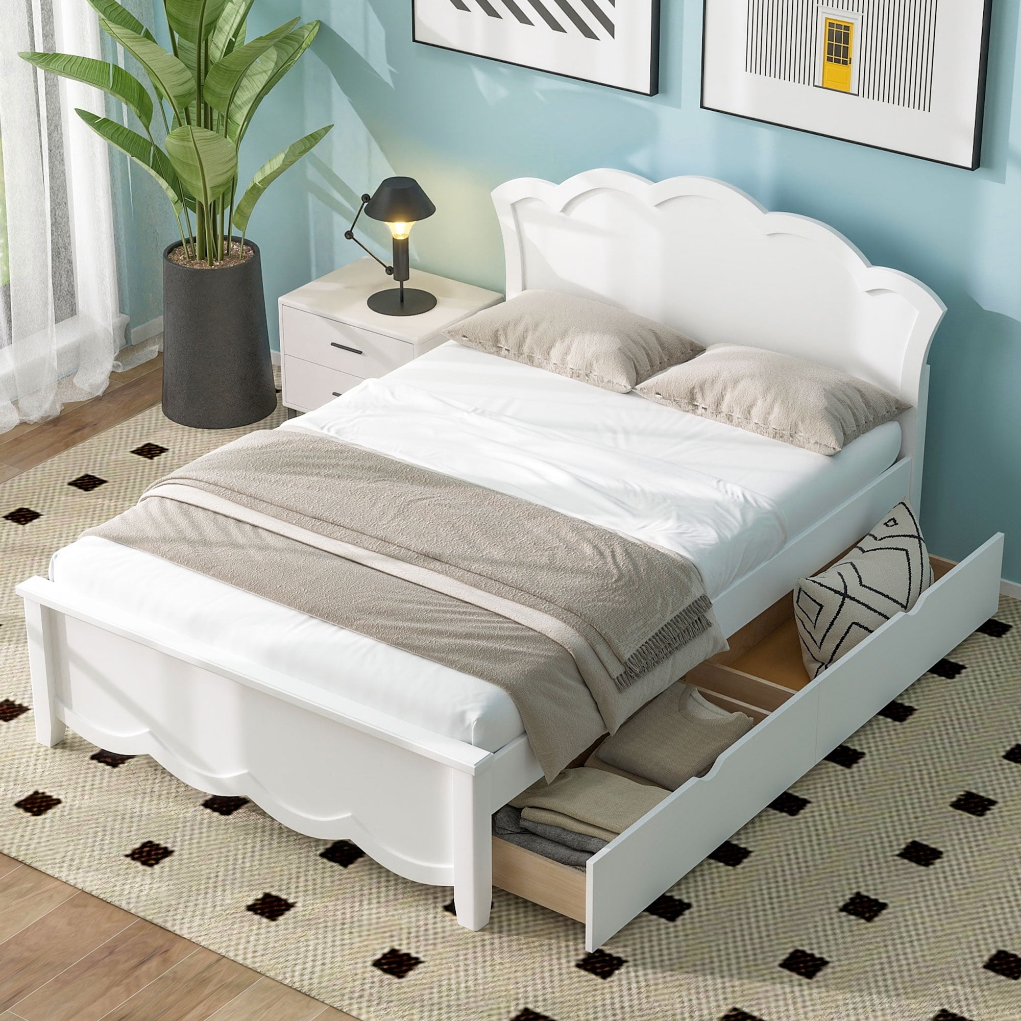 Full Size Wood Platform Bed With Headboard And Two Drawers White