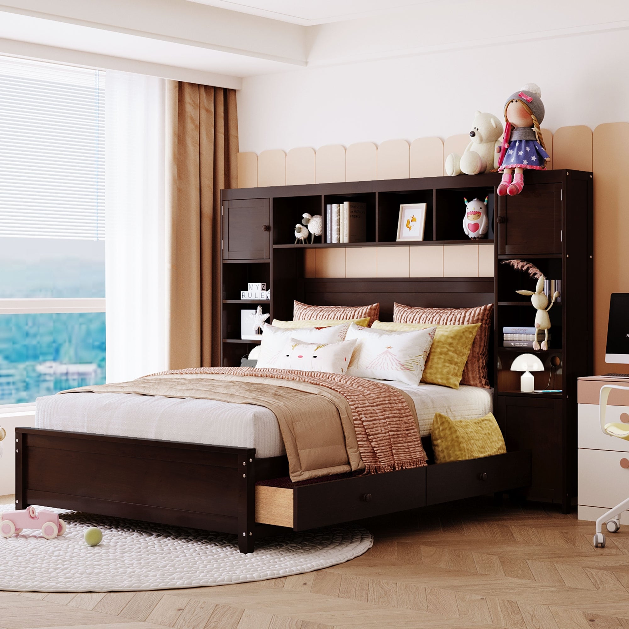 Full Size Wooden Bed With All In One Cabinet And Shelf Storage Bed