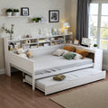 Full Size Wooden Daybed With Twin Trundle And Study Desk Storage Shelves Multifunctional Platform Bed