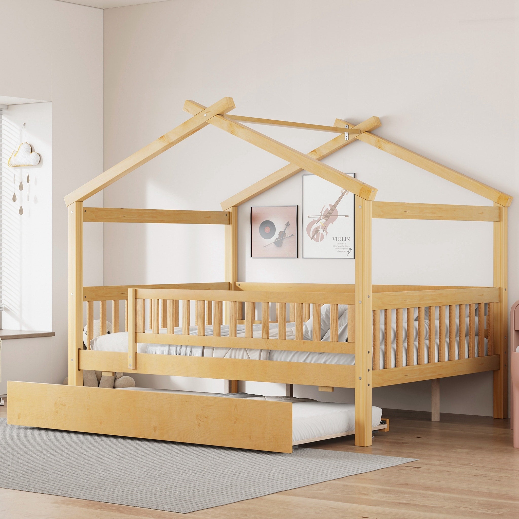 Full Size Wooden House Bed With Twin Size Trundle