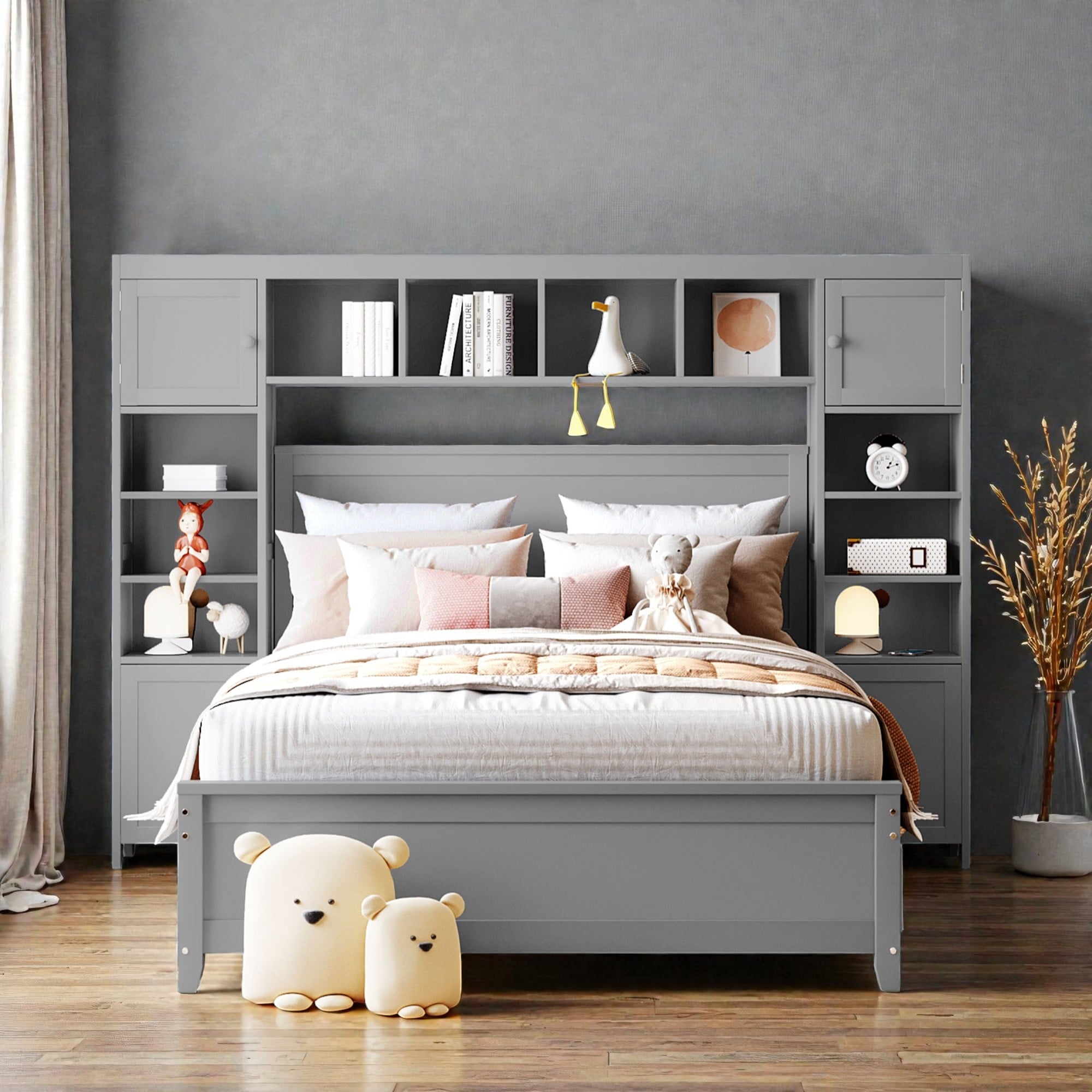 Full Size Wooden Platform Bed With Storage Drawers All In One Cabinet And Shelf Headboard