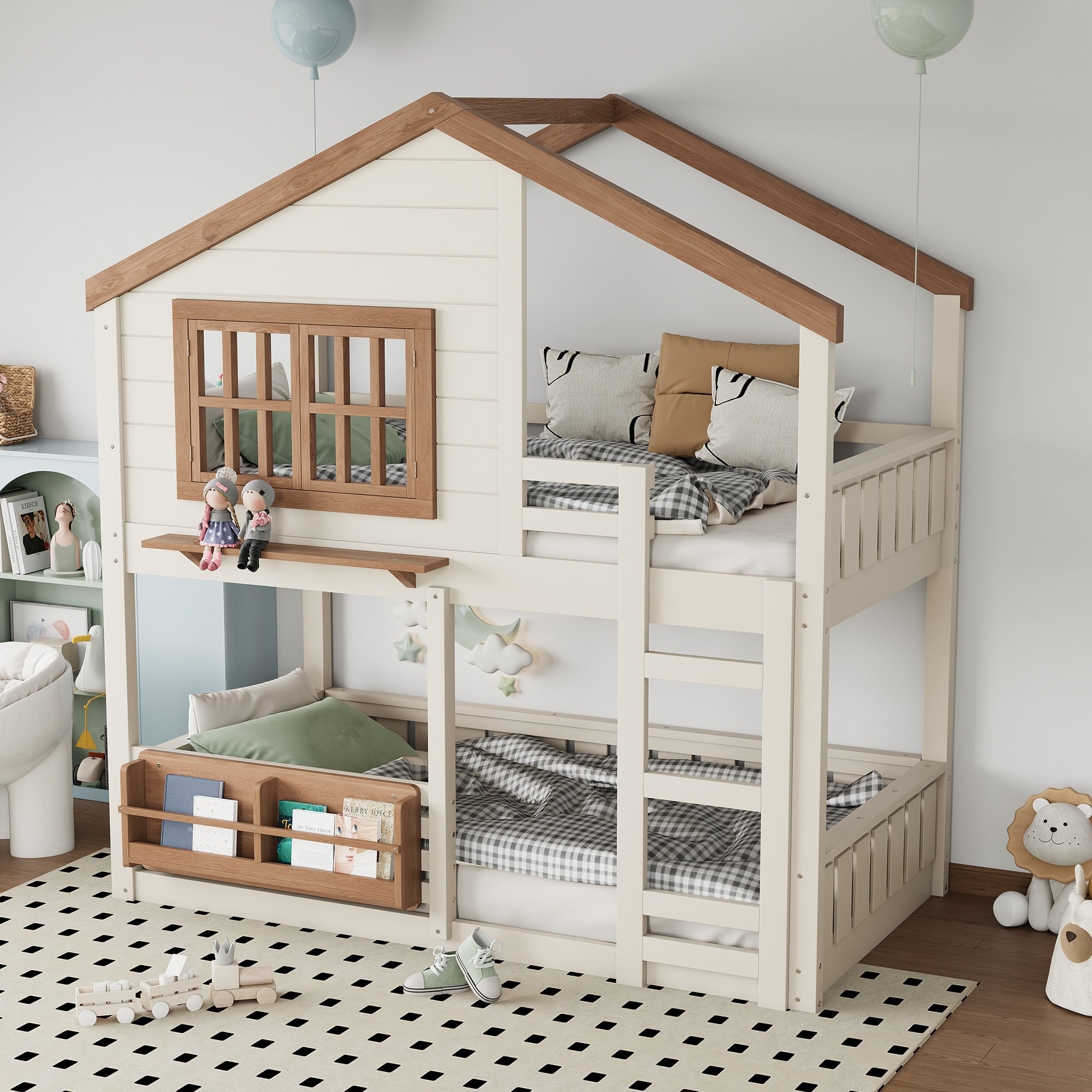 Full Twin Bunk Bed With Bookshelf House Design Loft Bed With Safety Fencing High Quality Kids Bed Frame