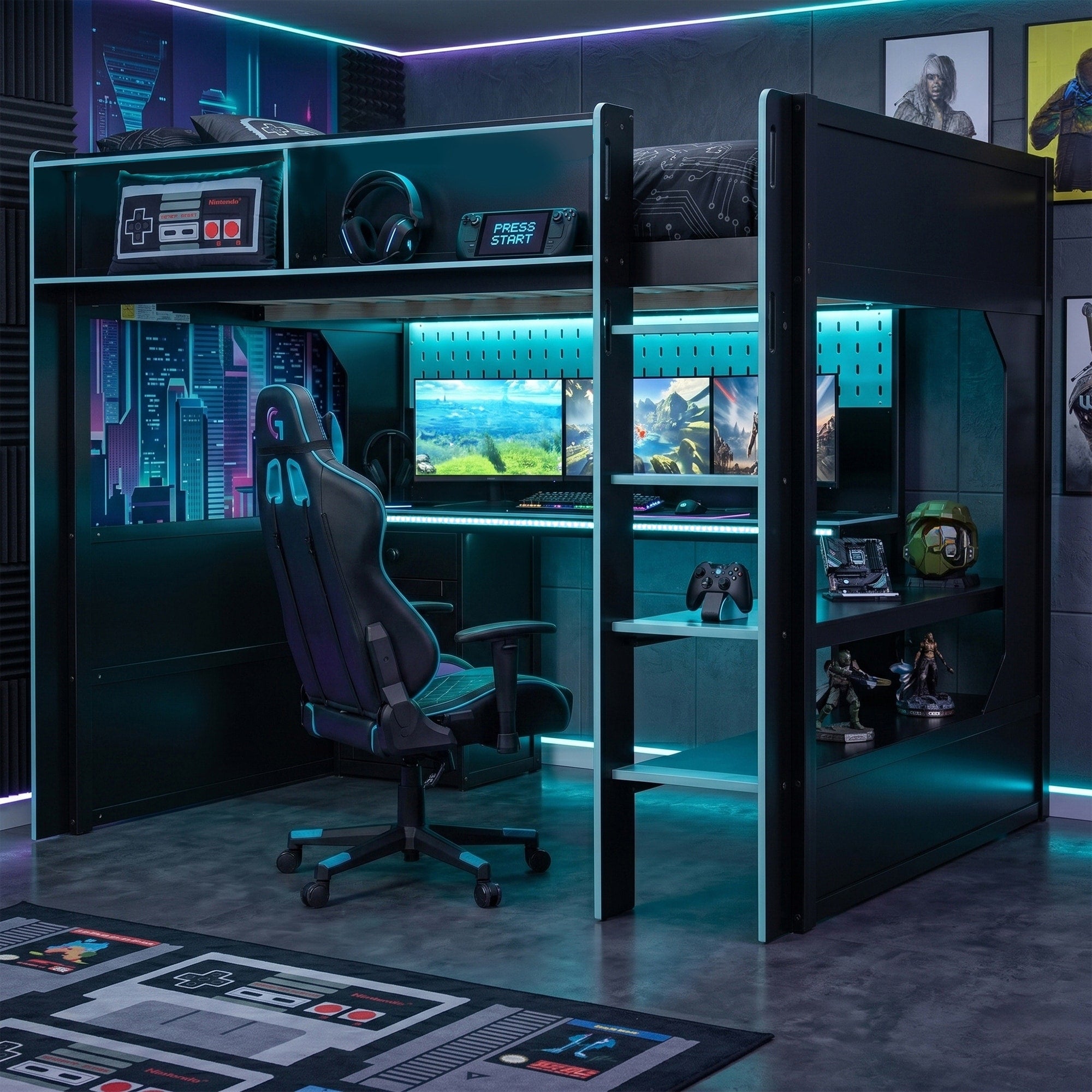 Full Twin Gaming Loft Bed With Led Pro Desk Charging Station Pegboard Storage Space By Harper Bright Designs