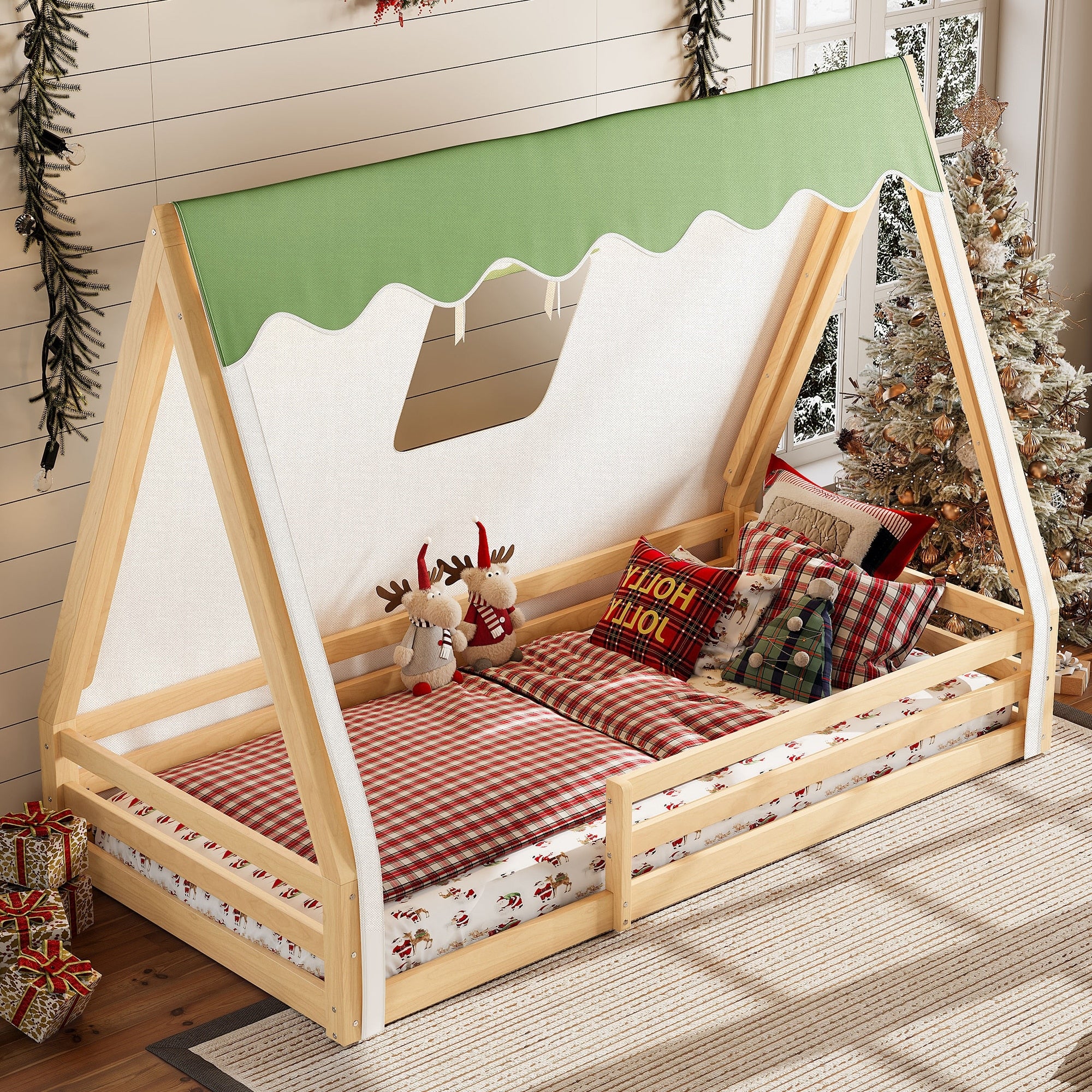 Full Twin House Floor Bed With Tent Led Light Guardrails