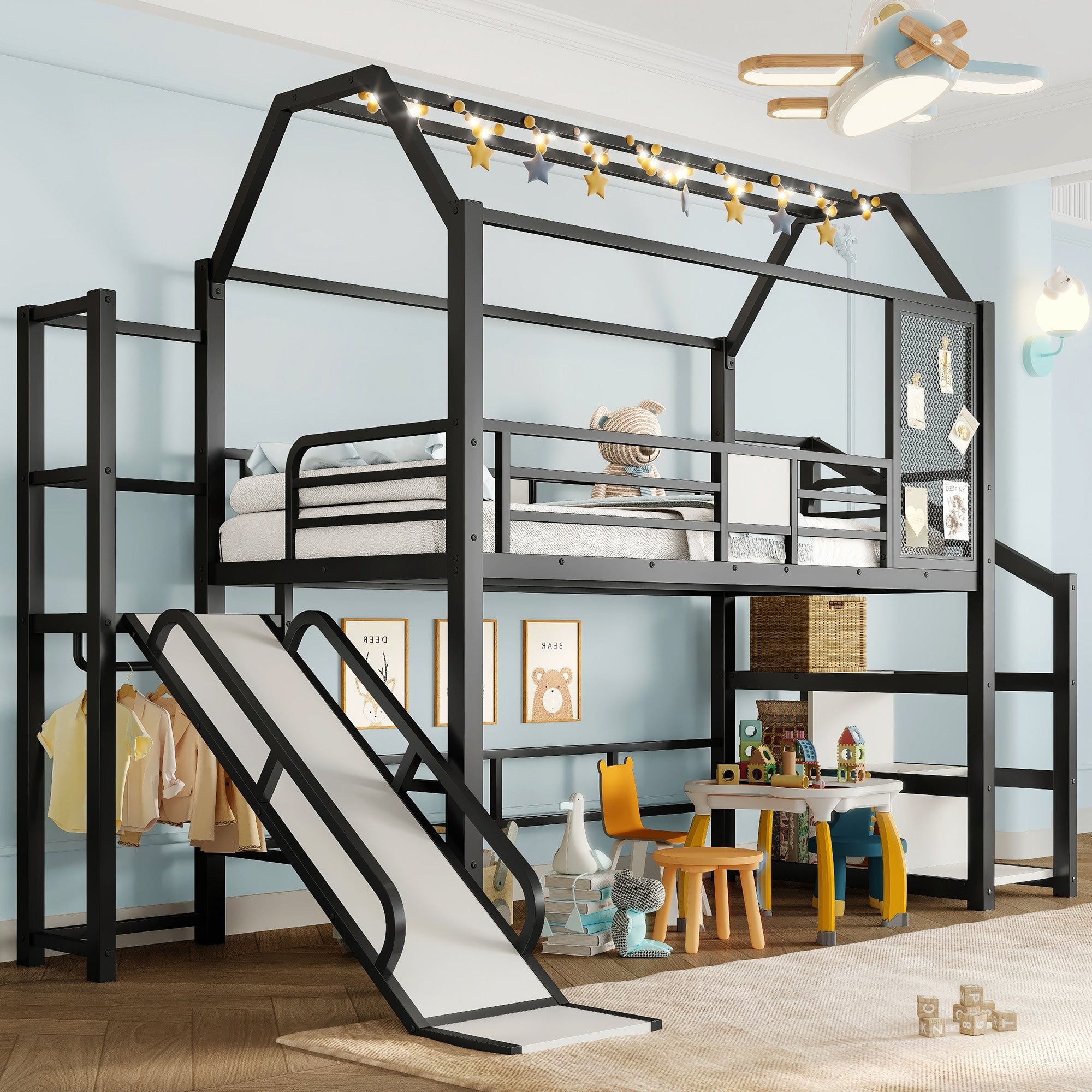 Full Twin House Loft Bed With Slide Stairs And Storage Shelves Metal Playhouse Bed
