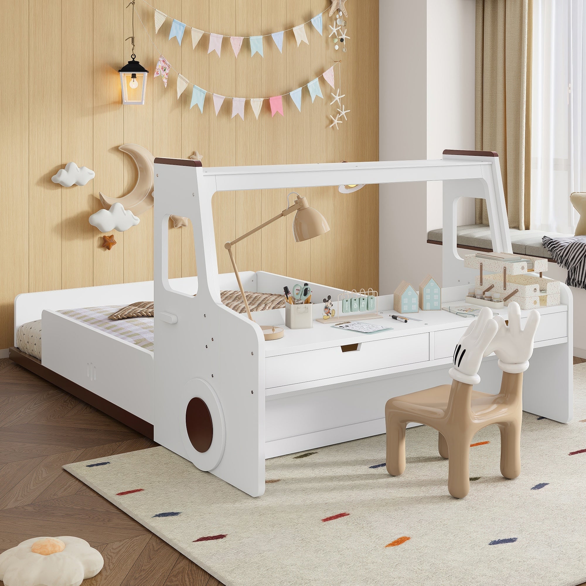 Full Twin Kids Car Floor Bed With Storage Drawers Window Desk Childlike Design