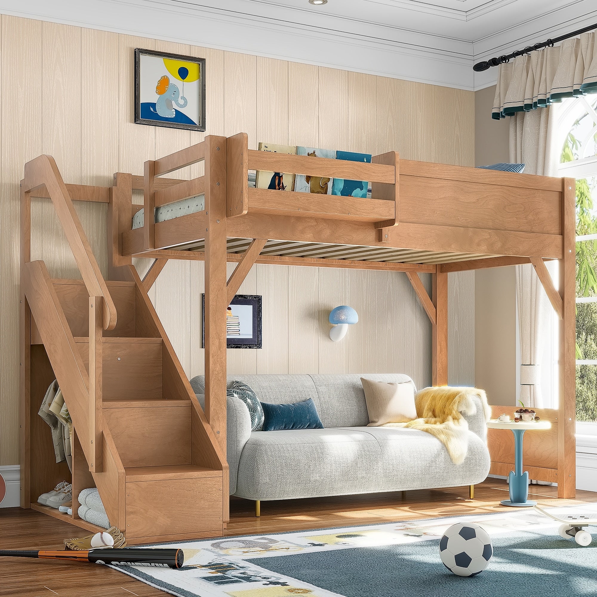 Full Twin Loft Bed With Built In Wardrobe Storage Stairs Solid Wood Full Length Guardrails No Box Spring