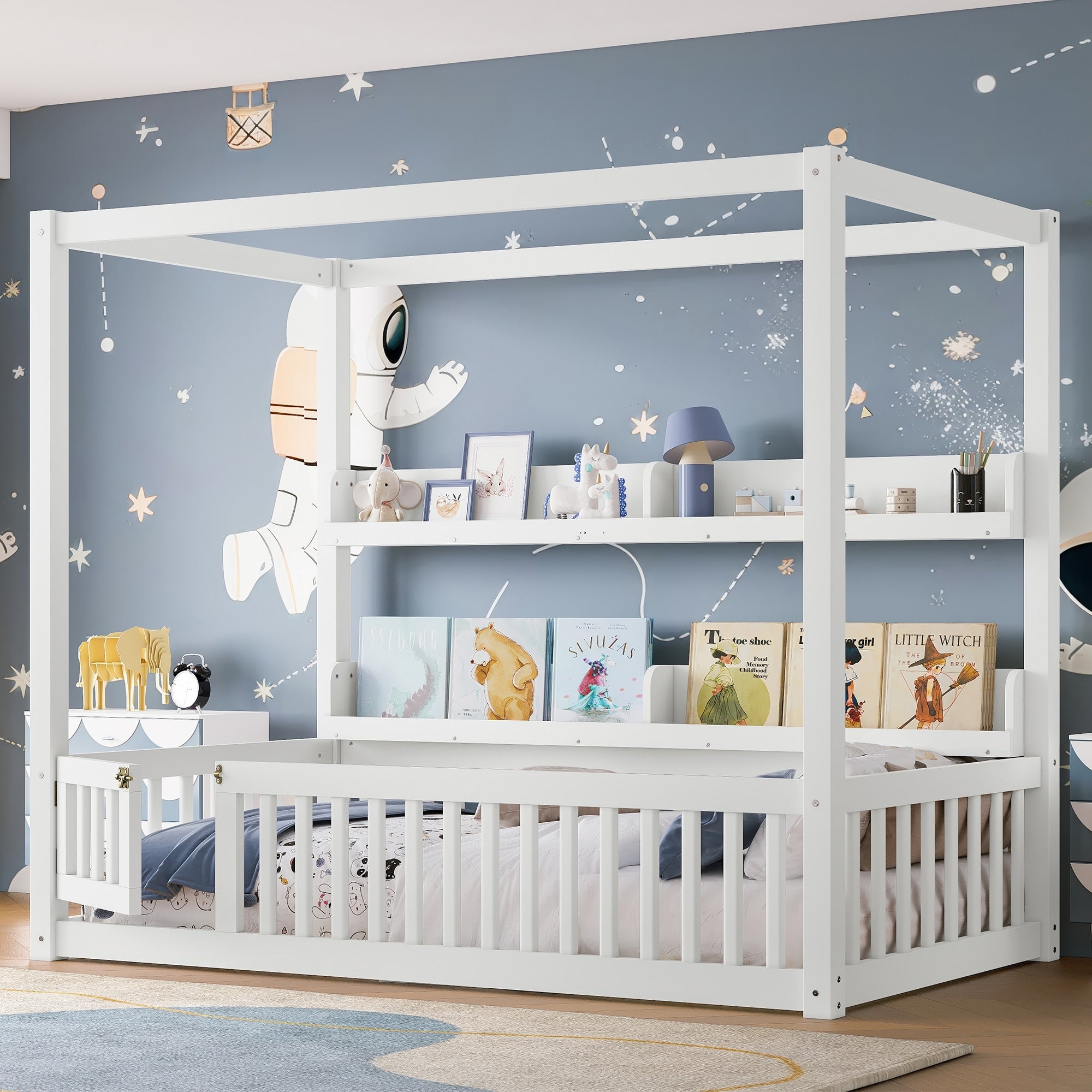 Full Twin Montessori Floor Bed With Canopy Guardrails Shelves