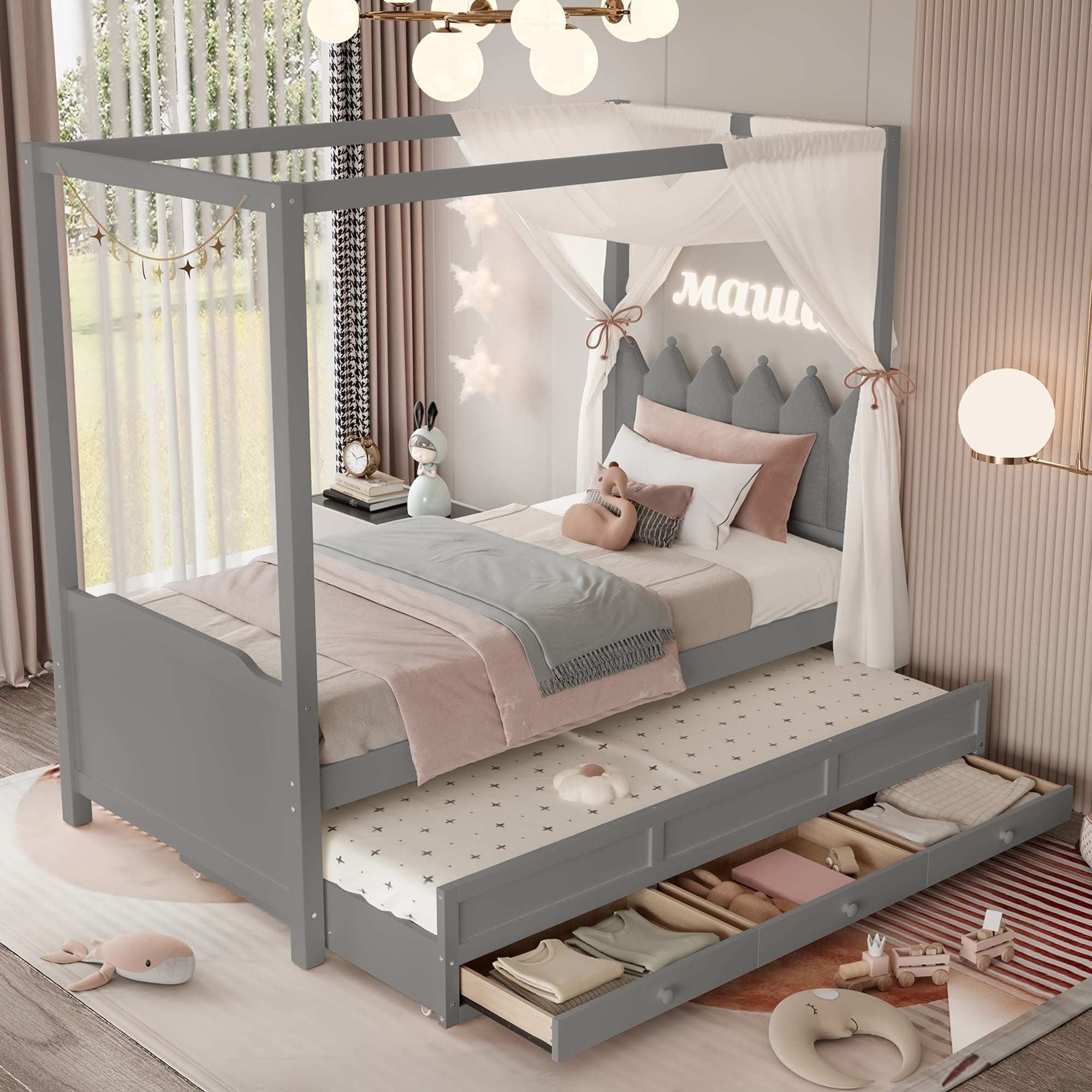 Full Twin Platform Bed With Upholstered Headboard Trundle 3 Drawers Princess Canopy Bed