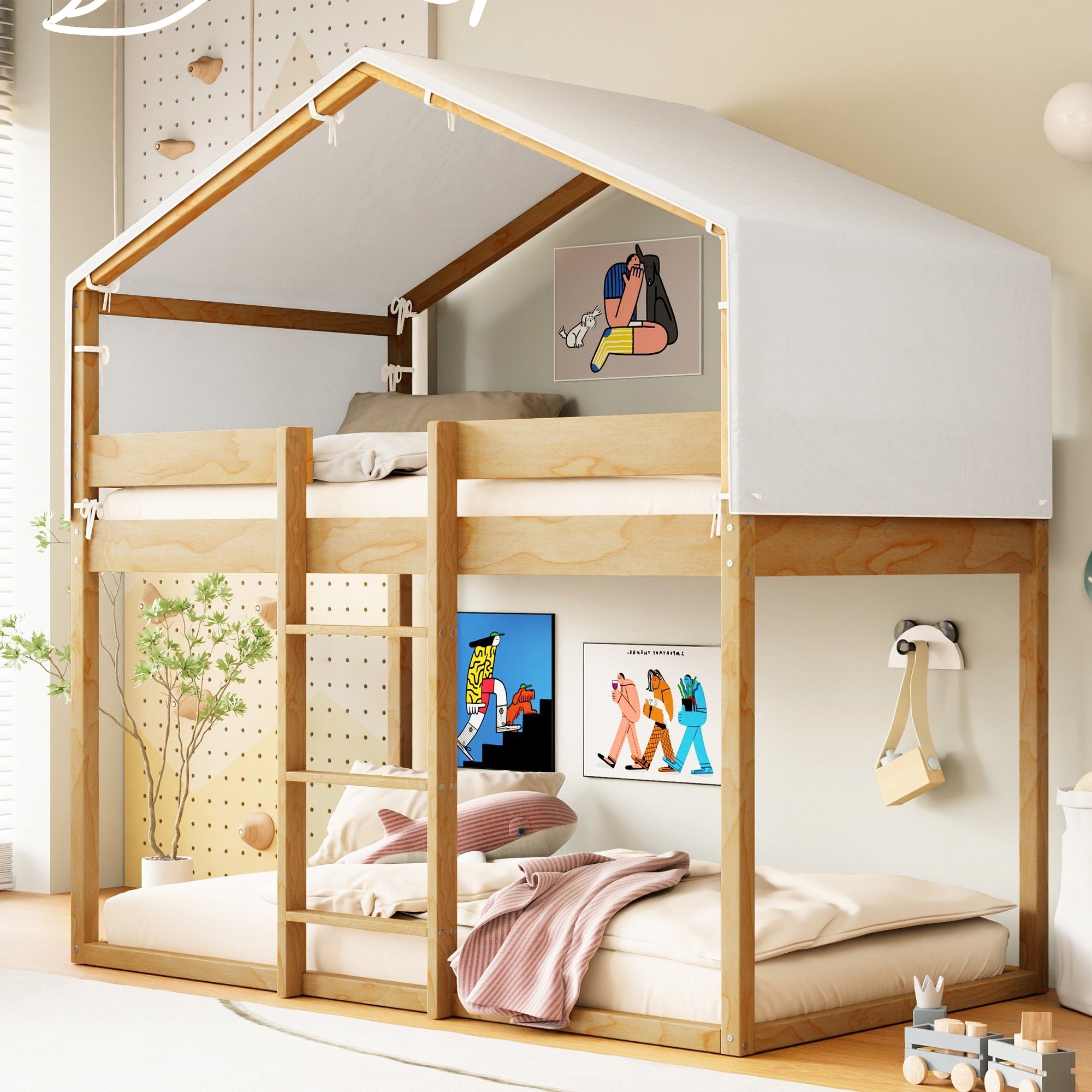 Full Twin Size Canopy Floor Bed Frame With Guardrails Four Poster Wooden Montessori Bed For Kids And Girls