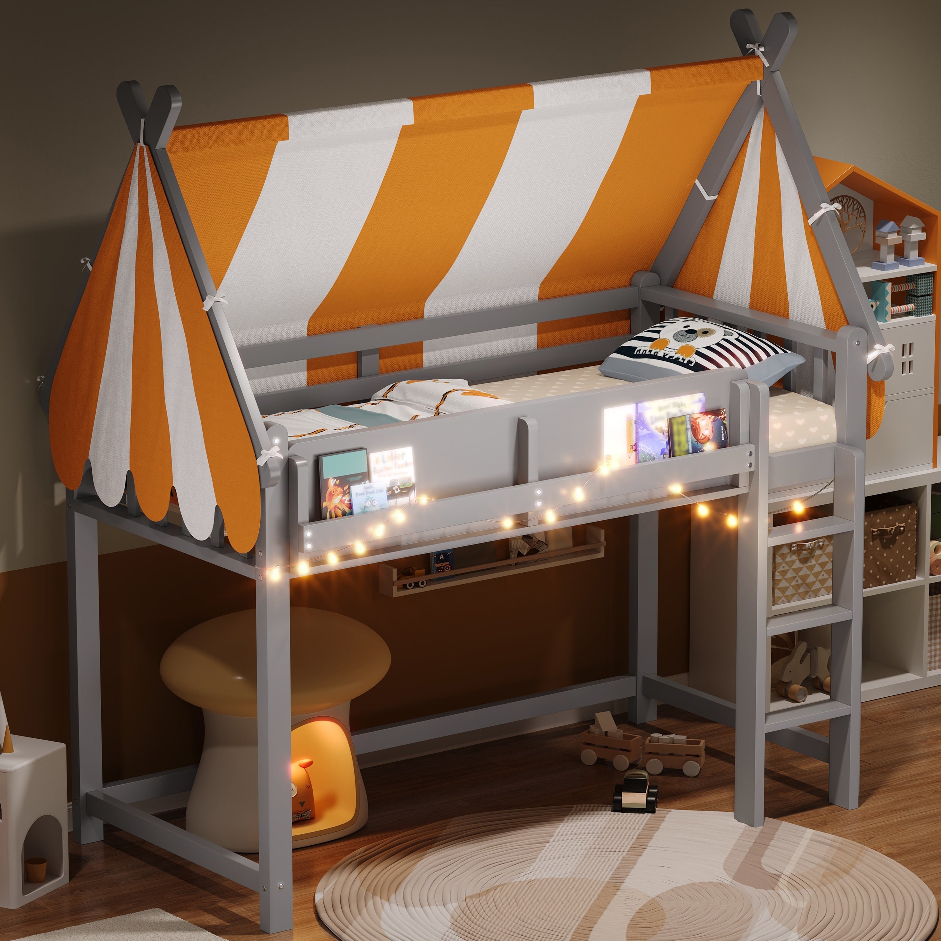 Full Twin Size Loft Bed With Canopy Led Lights Bookshelf Elevated Bed With Storage