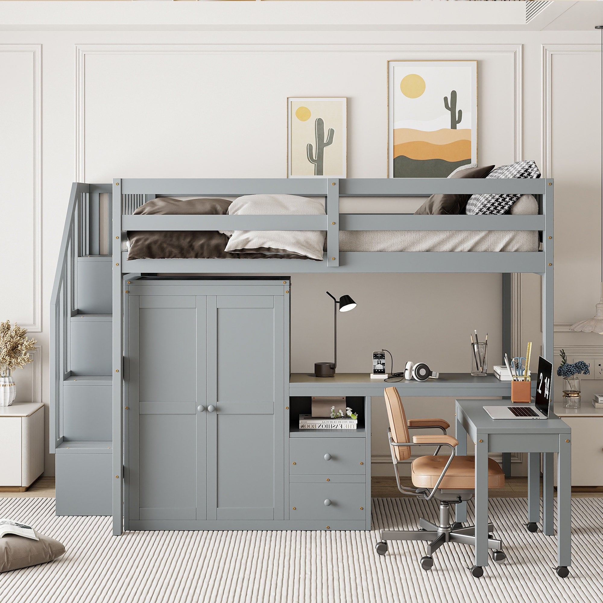 Full Twin Size Loft Bed With Drawers Desk Stairs And Bookshelf Wardrobe